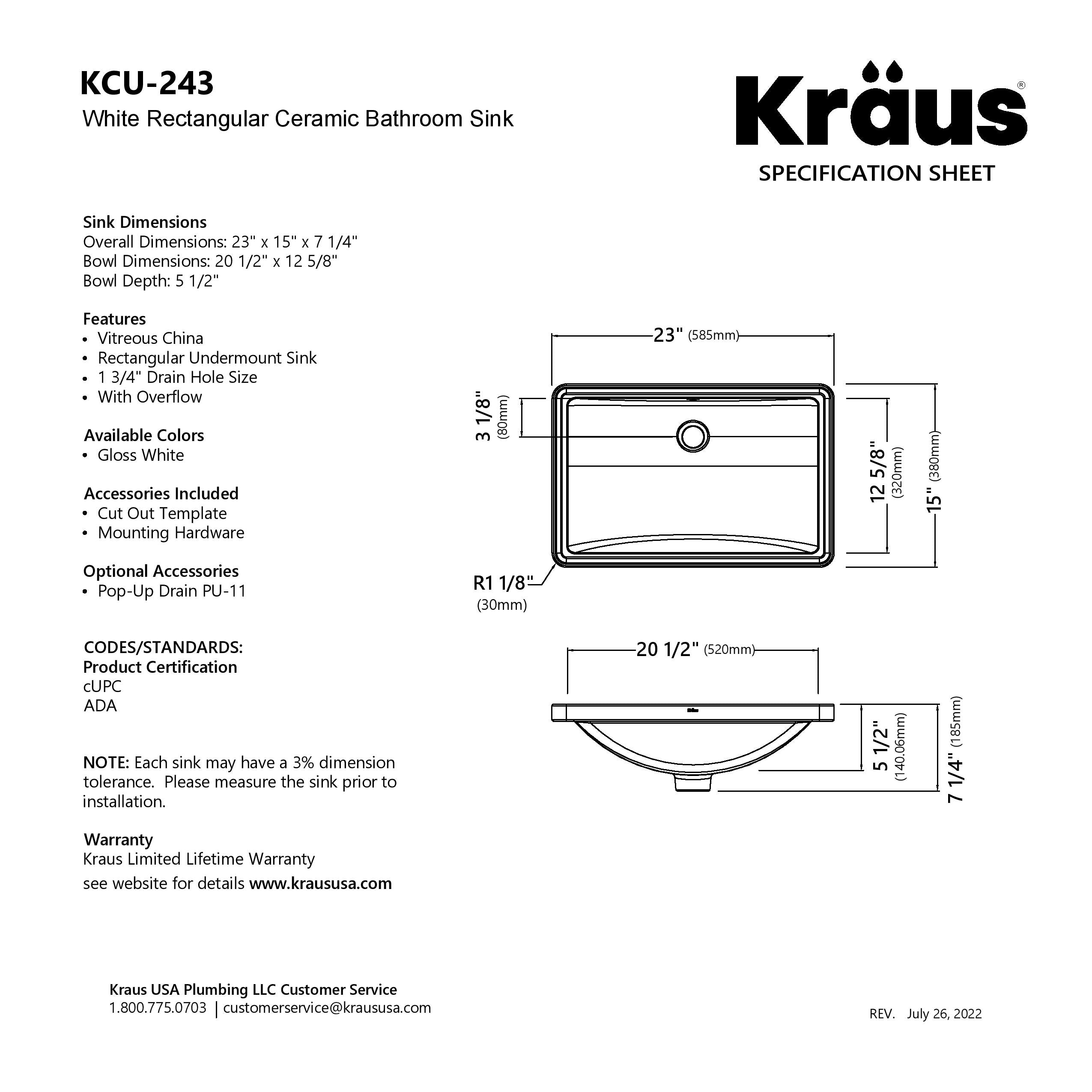 KRAUS Elavo 23" Rectangular Porcelain Undermount Bathroom Sink in White