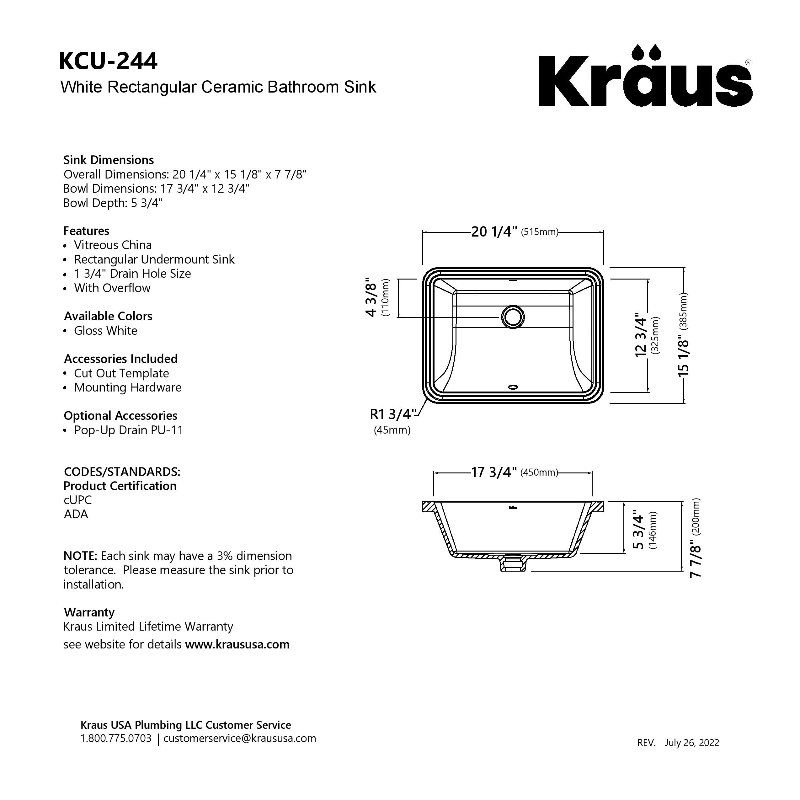 KRAUS Elavo 20-1/4" Rectangular Porcelain Undermount Bathroom Sink in White