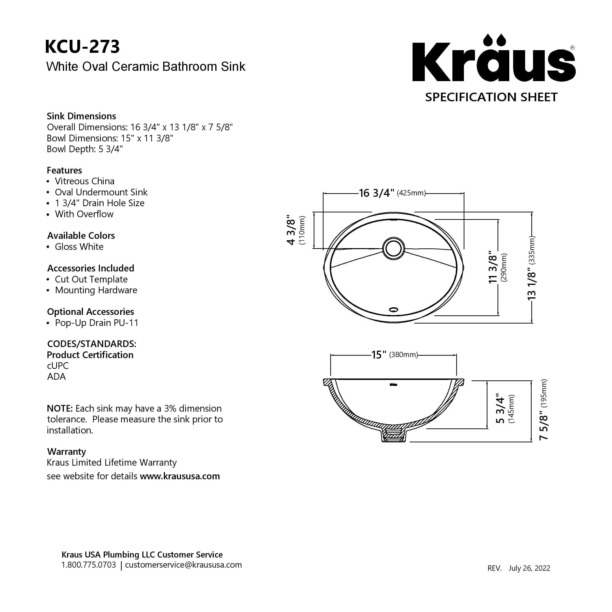 KRAUS Elavo 16-3/4" Oval Porcelain Undermount Bathroom Sink in White