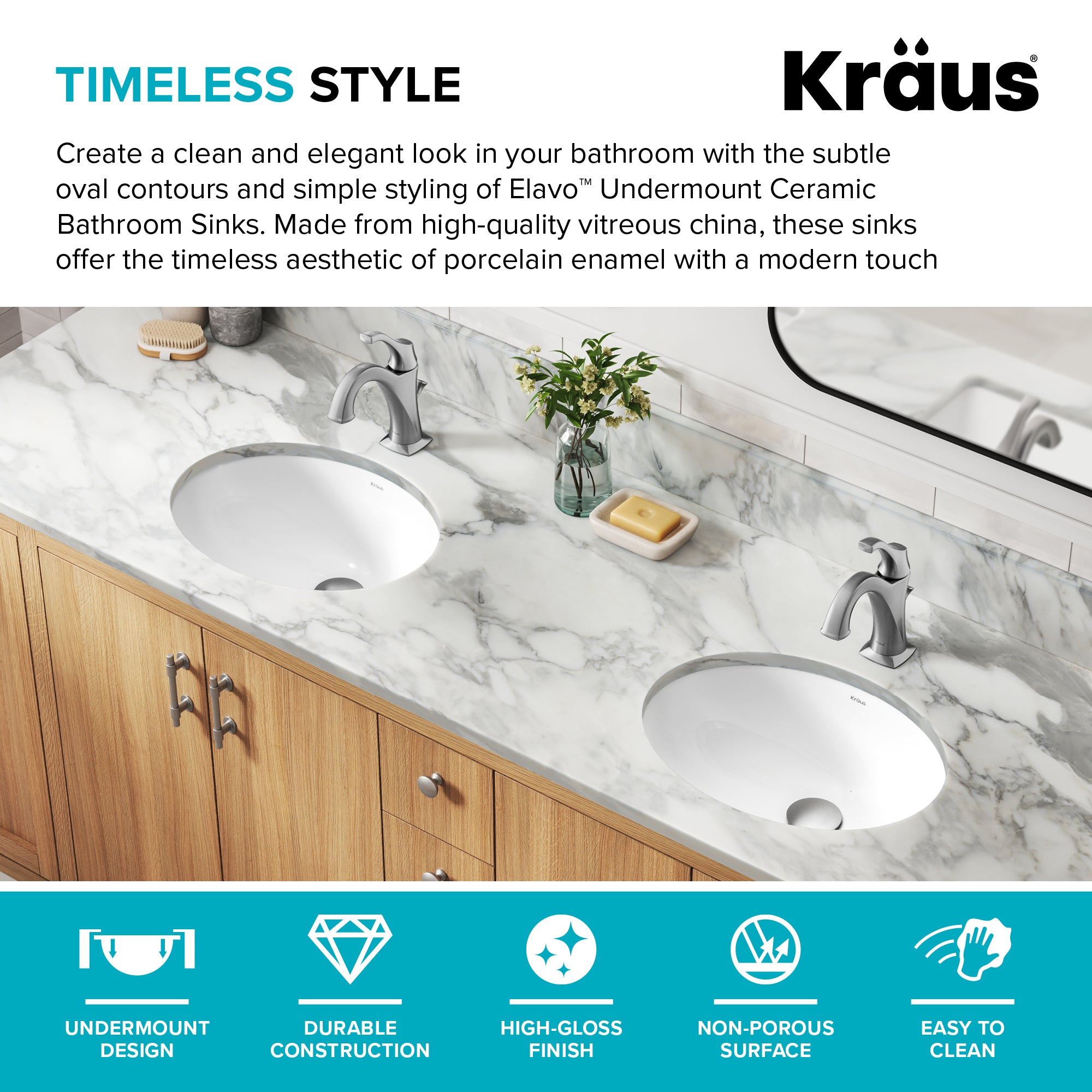 KRAUS Elavo 16-3/4" Oval Porcelain Undermount Bathroom Sink in White