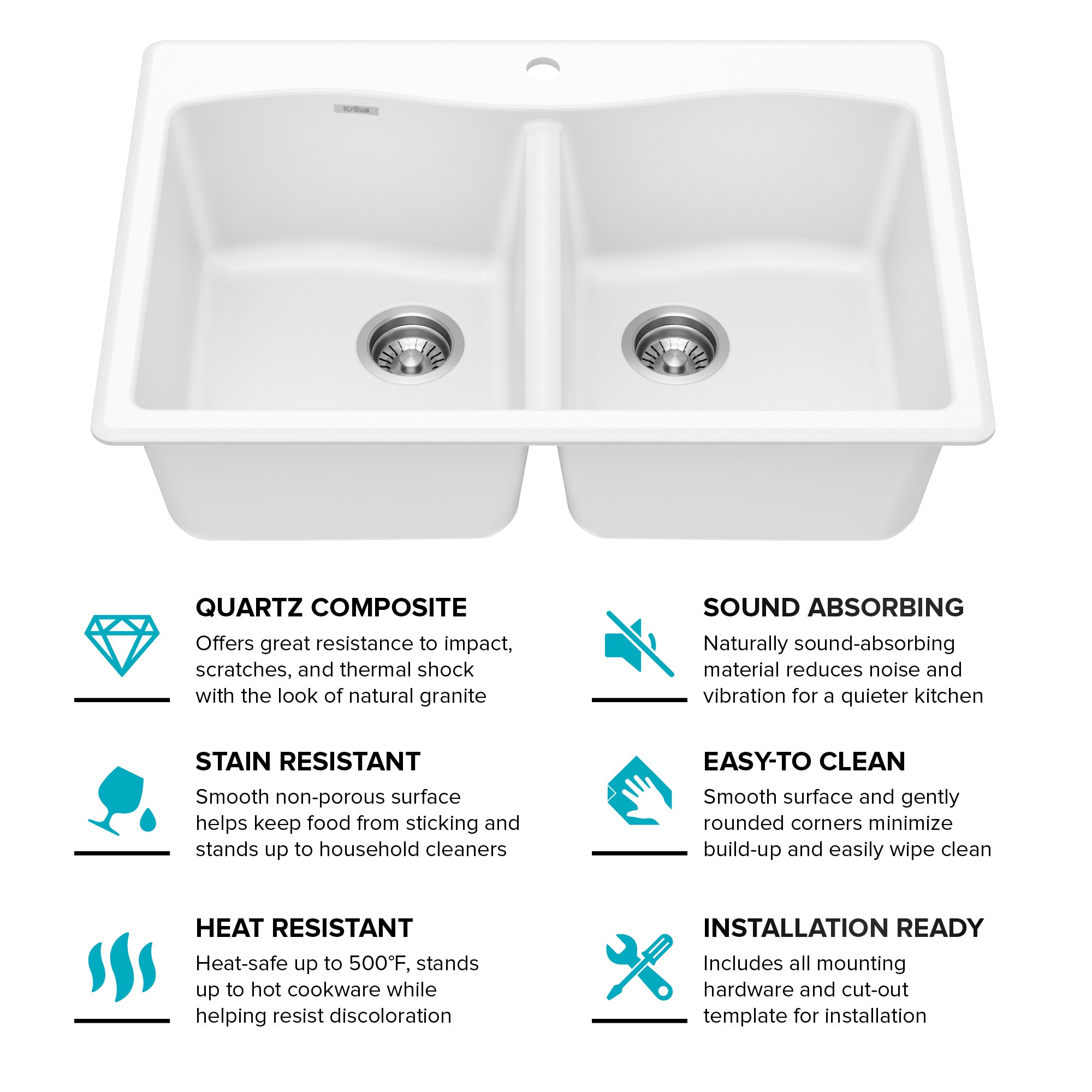 KRAUS Forteza 33” Granite Drop-In or Undermount 50/50 Double Bowl White Kitchen Sink