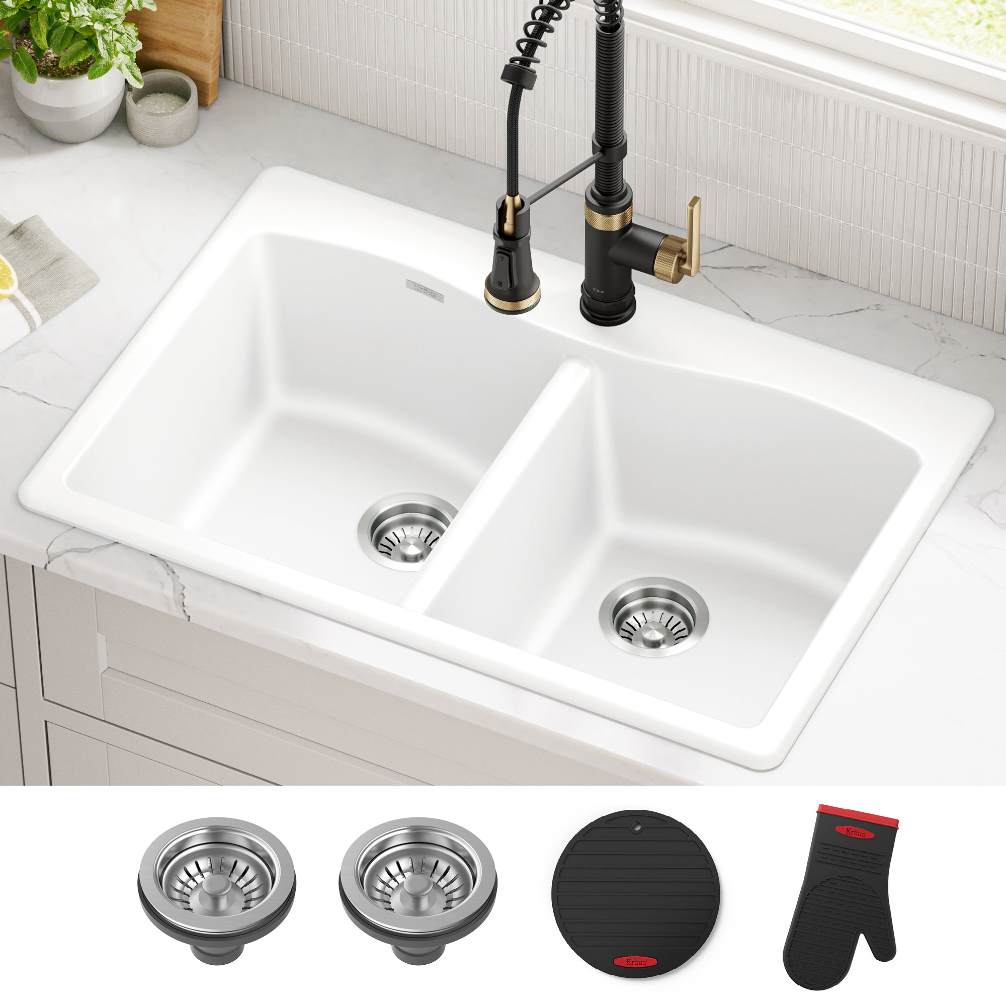 KRAUS Forteza 33” Granite Drop-In or Undermount 50/50 Double Bowl White Kitchen Sink