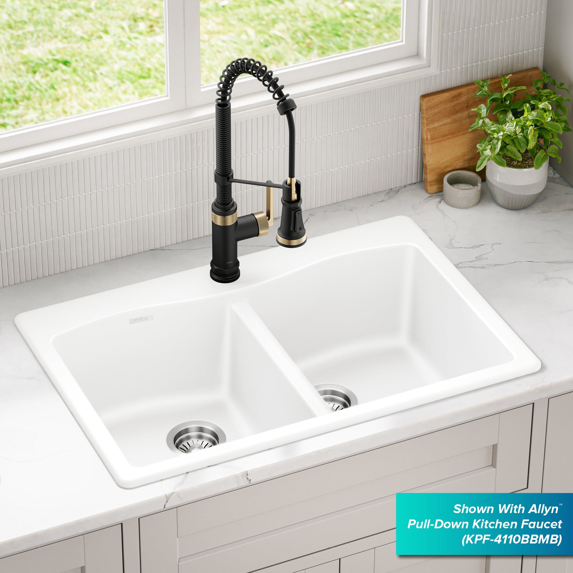 KRAUS Forteza 33” Granite Drop-In or Undermount 50/50 Double Bowl White Kitchen Sink