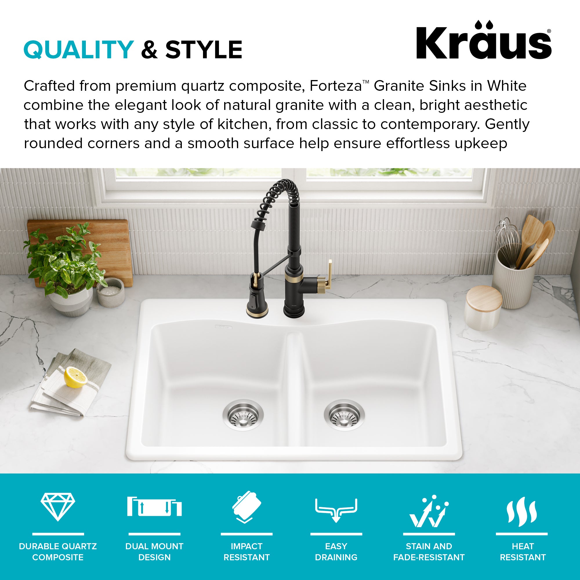 KRAUS Forteza 33” Granite Drop-In or Undermount 50/50 Double Bowl White Kitchen Sink