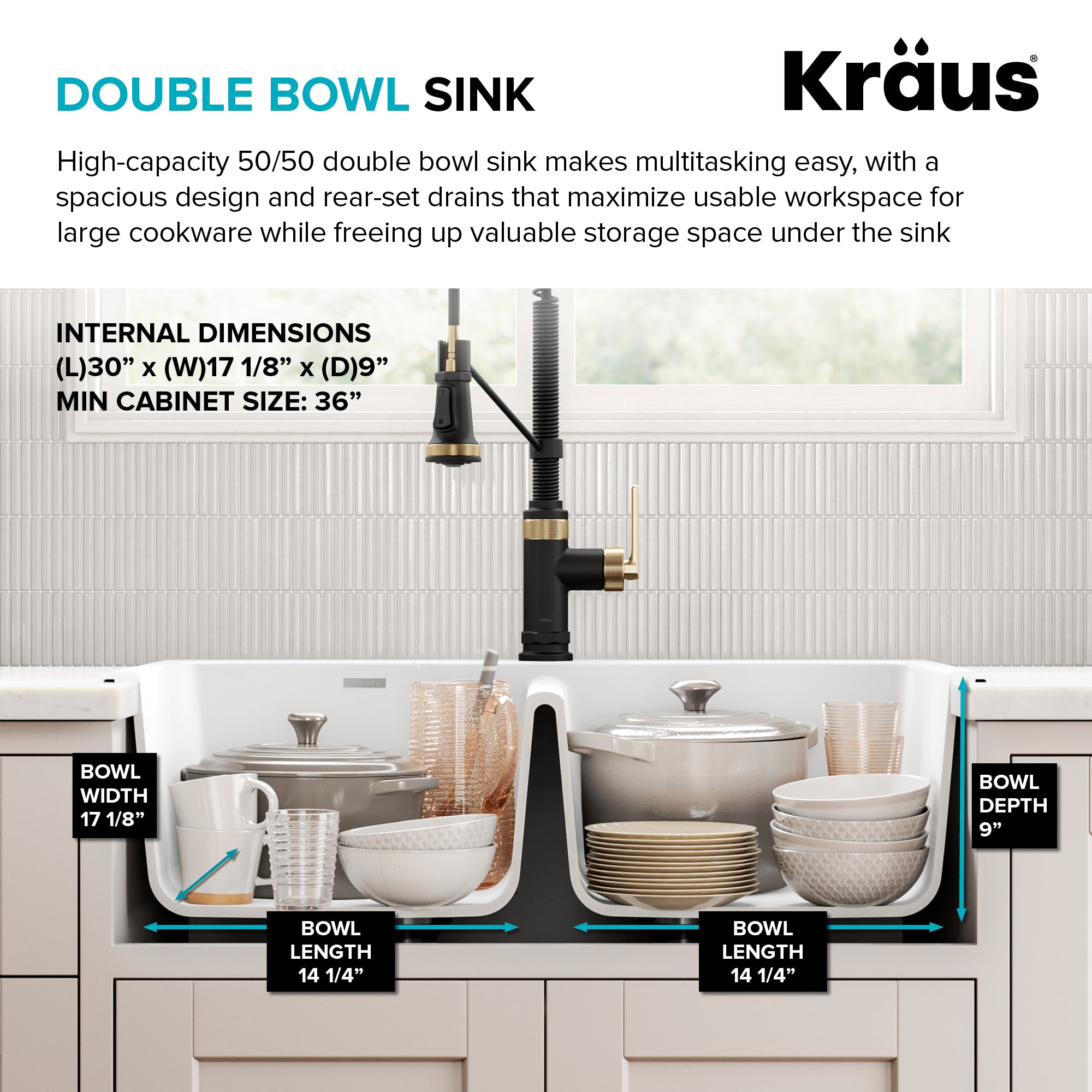 KRAUS Forteza 33” Granite Drop-In or Undermount 50/50 Double Bowl White Kitchen Sink
