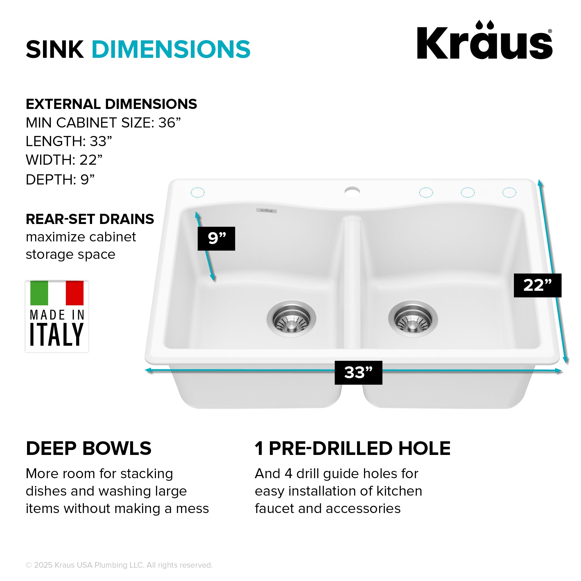 KRAUS Forteza 33” Granite Drop-In or Undermount 50/50 Double Bowl White Kitchen Sink