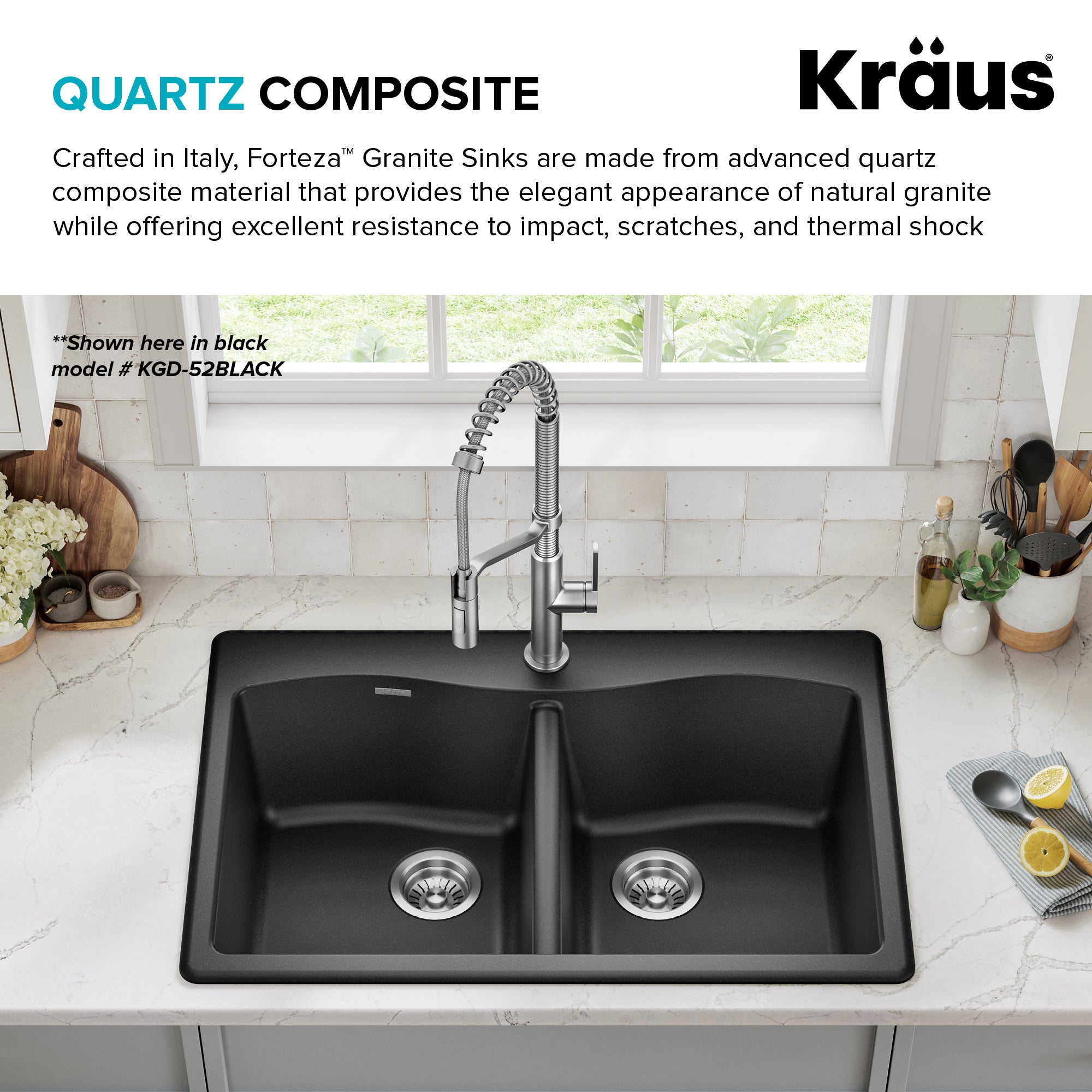 KRAUS Forteza 33” Granite Drop-In or Undermount 50/50 Double Bowl White Kitchen Sink