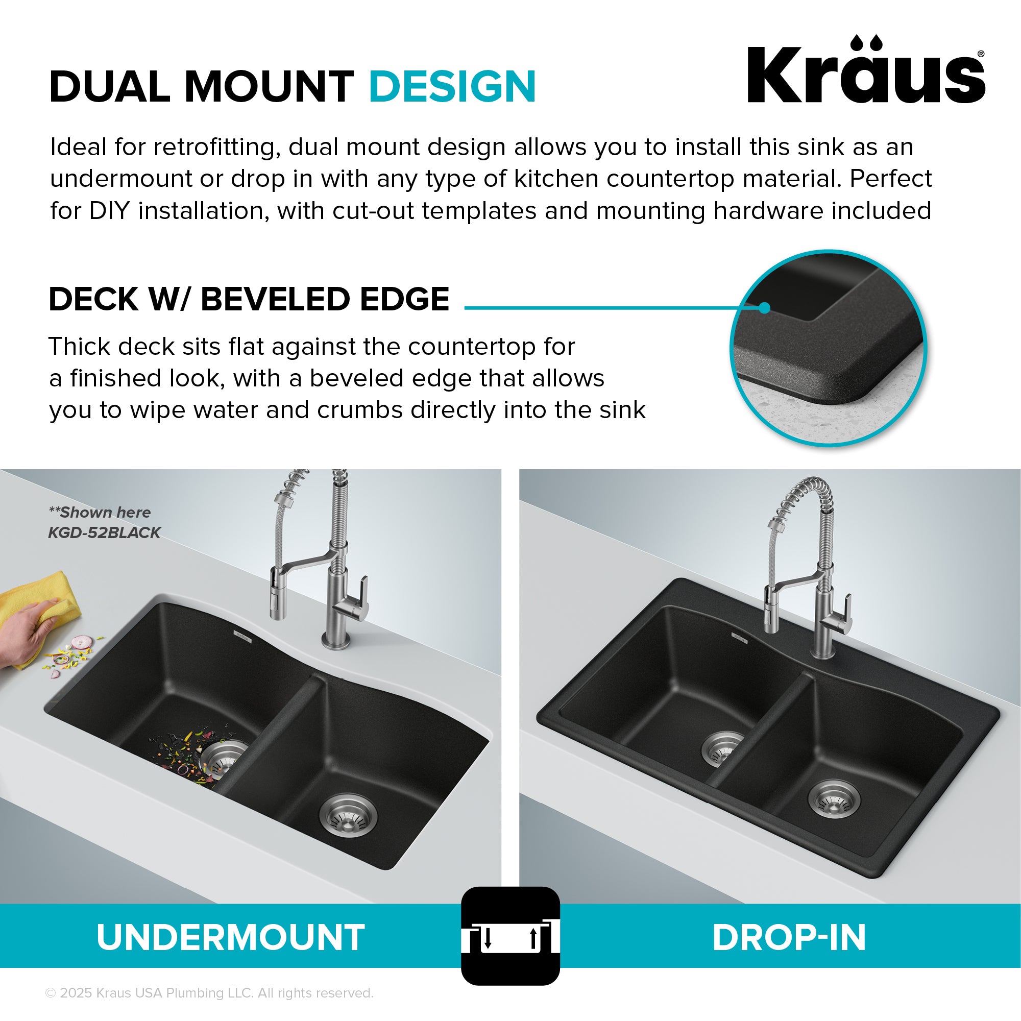 KRAUS Forteza 33” Granite Drop-In or Undermount 50/50 Double Bowl White Kitchen Sink