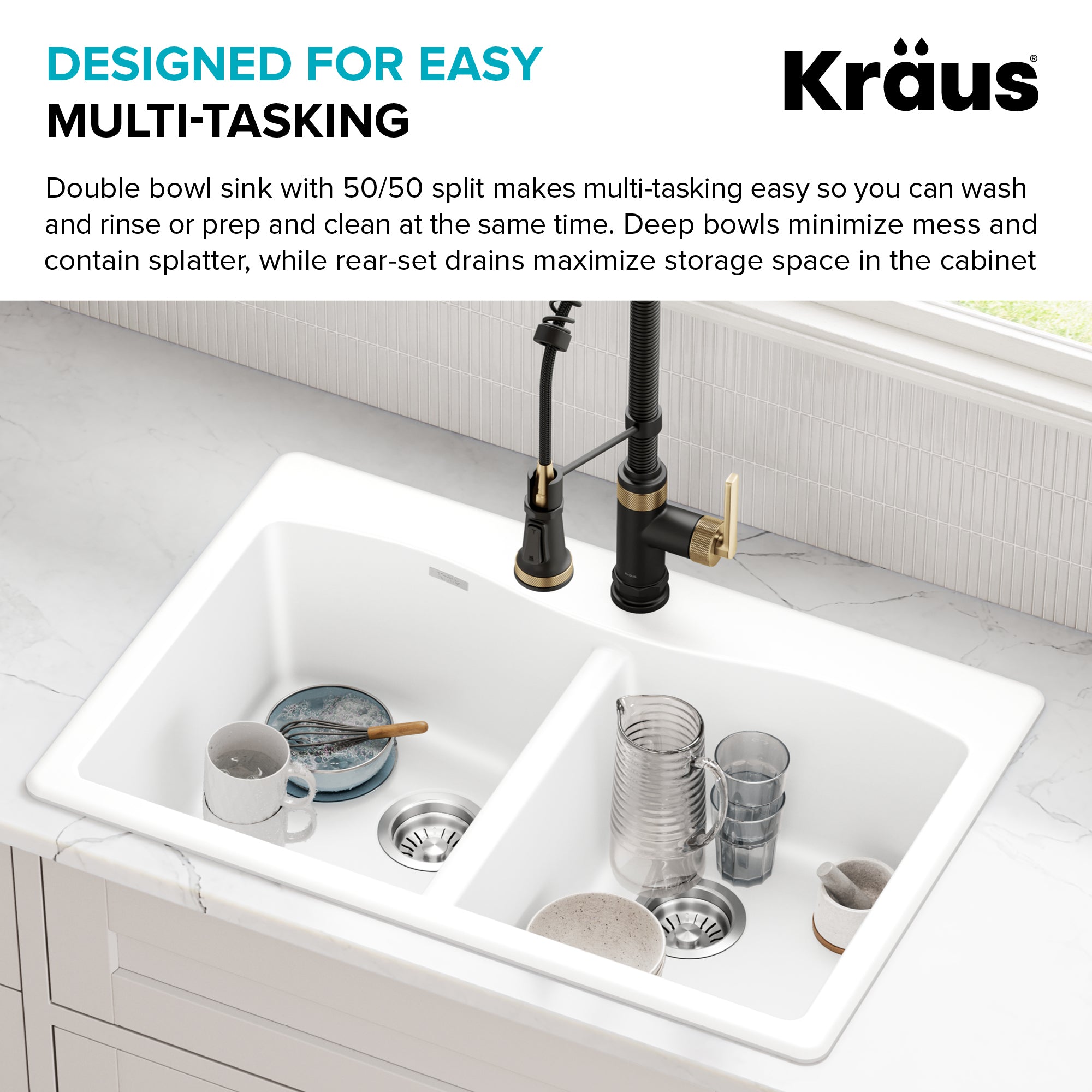 KRAUS Forteza 33” Granite Drop-In or Undermount 50/50 Double Bowl White Kitchen Sink
