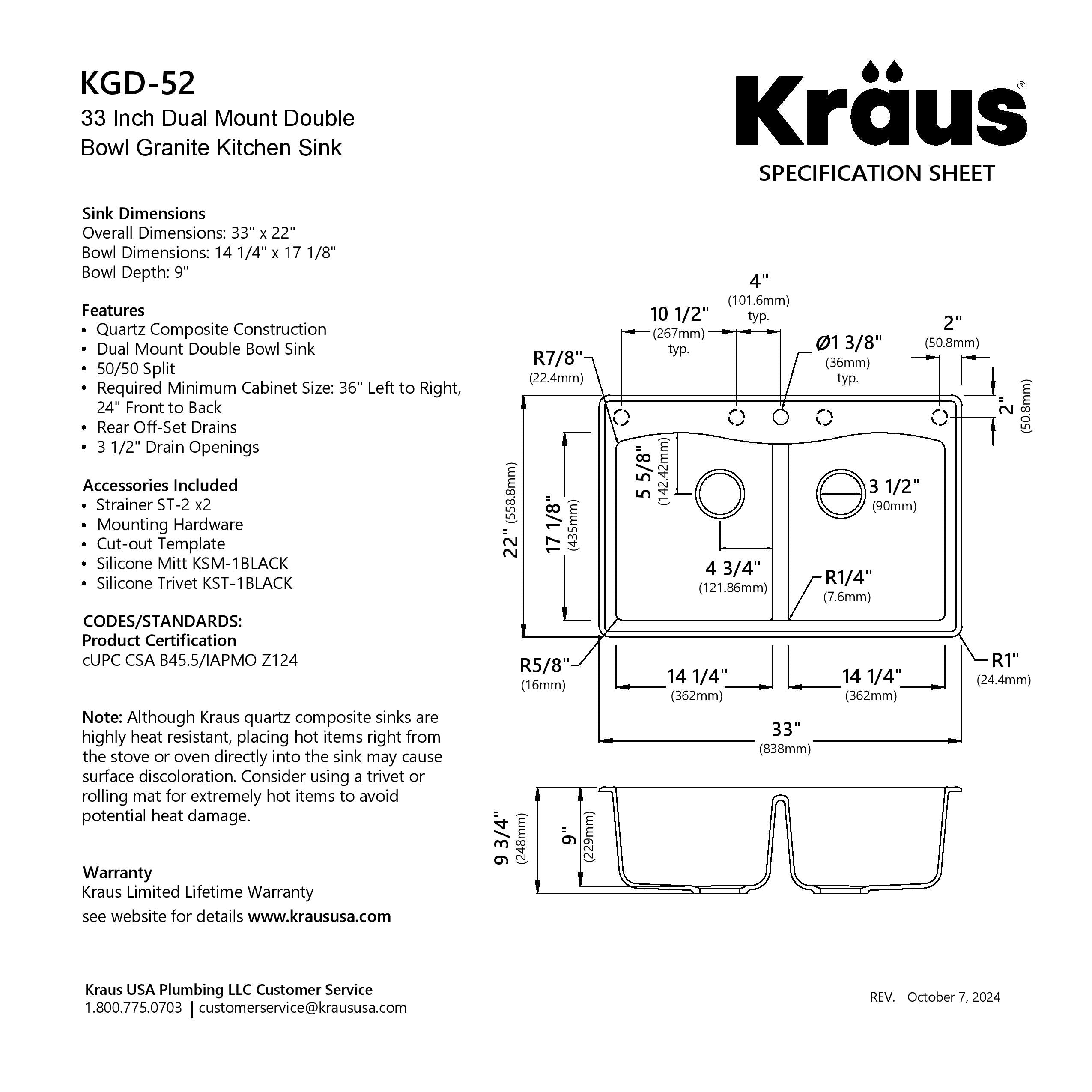 KRAUS Forteza 33” Granite Drop-In or Undermount 50/50 Double Bowl White Kitchen Sink