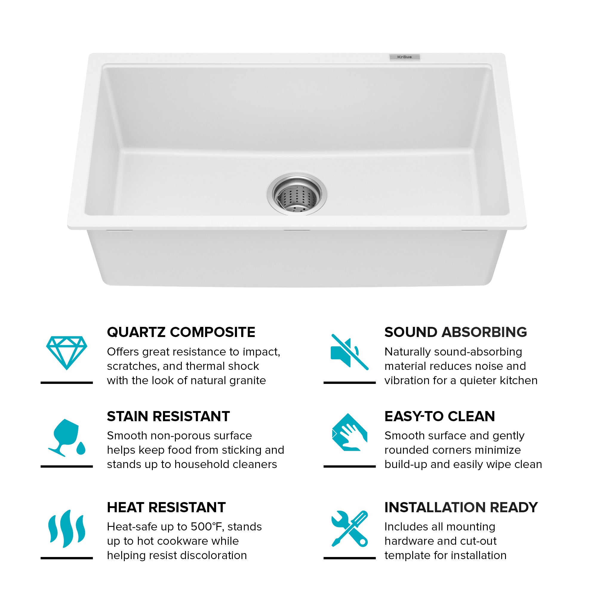 KRAUS Quarza 31” Granite Undermount Single Bowl White Kitchen Sink