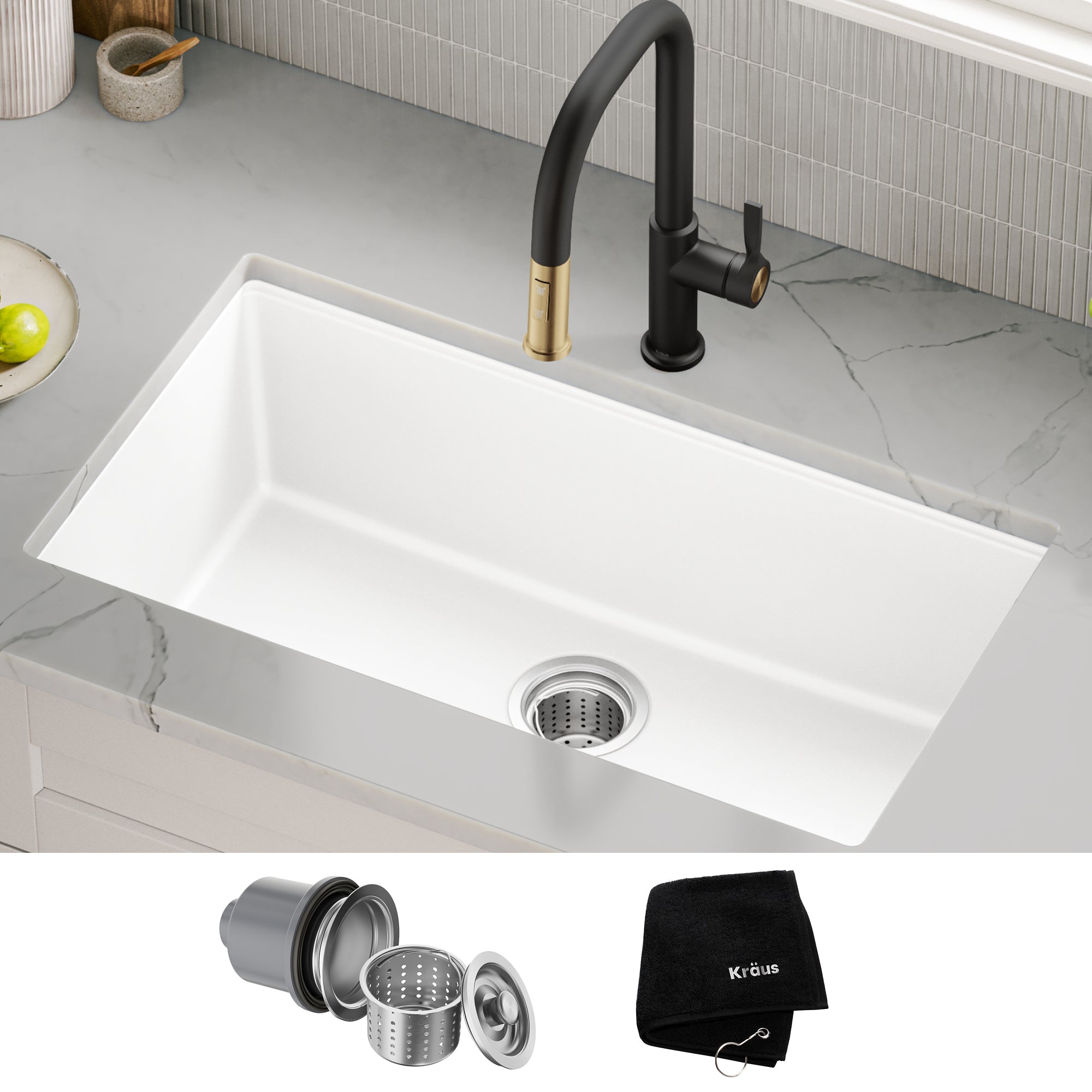 KRAUS Quarza 31” Granite Undermount Single Bowl White Kitchen Sink
