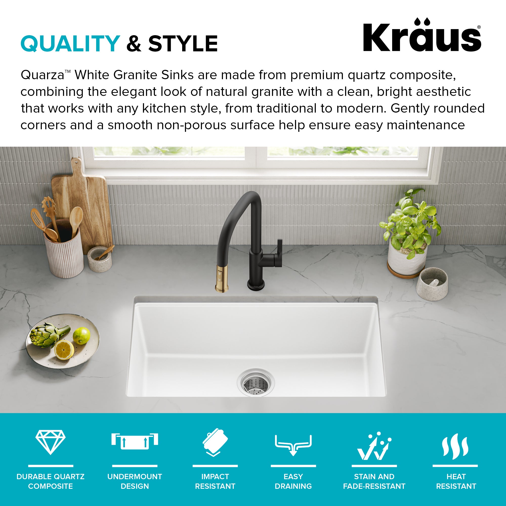 KRAUS Quarza 31” Granite Undermount Single Bowl White Kitchen Sink