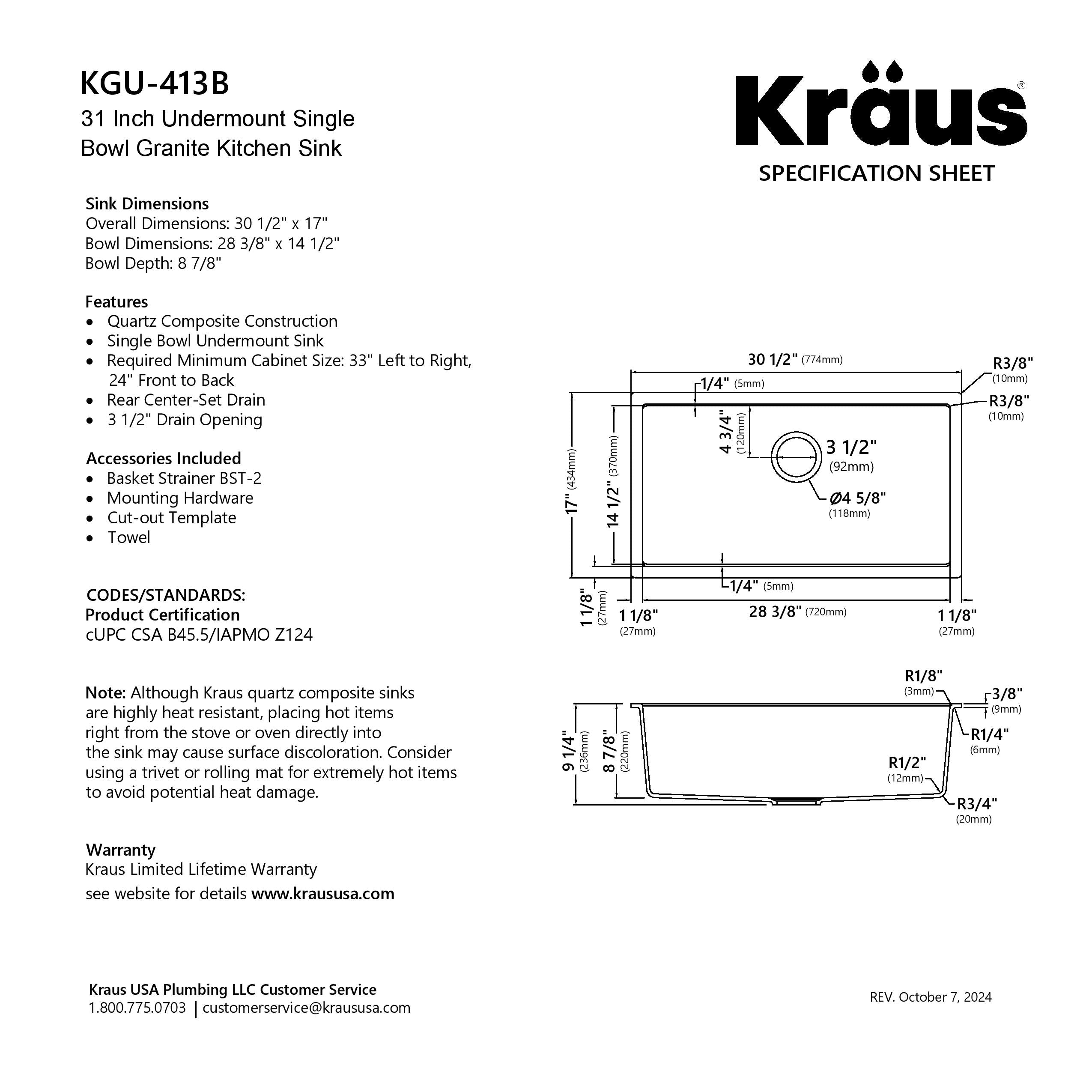 KRAUS Quarza 31” Granite Undermount Single Bowl White Kitchen Sink