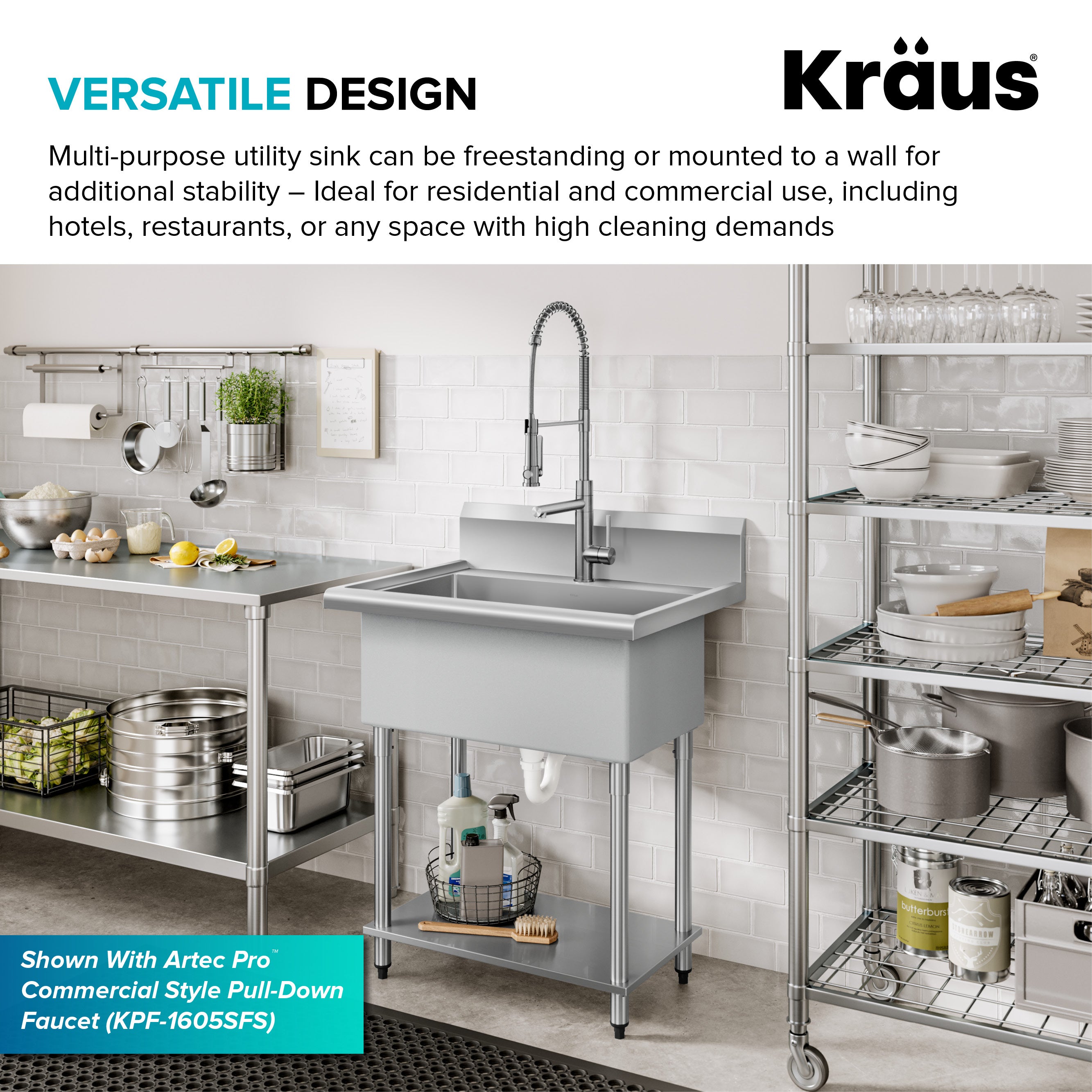 KRAUS Standart Pro 32” 18-Gauge Stainless Steel Single Bowl Commercial Style Laundry Utility Sink-DirectSinks