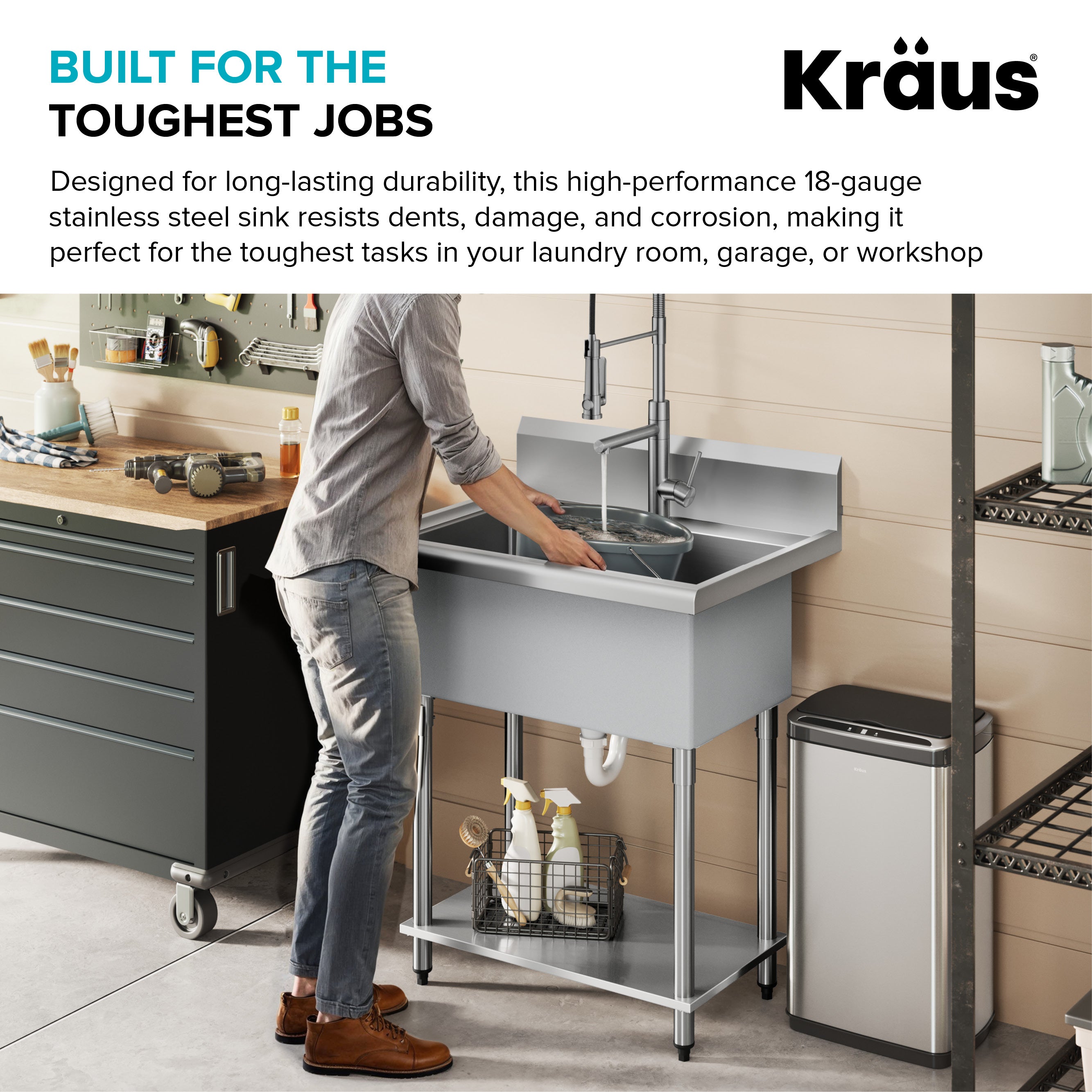 KRAUS Standart Pro 32” 18-Gauge Stainless Steel Single Bowl Commercial Style Laundry Utility Sink-DirectSinks