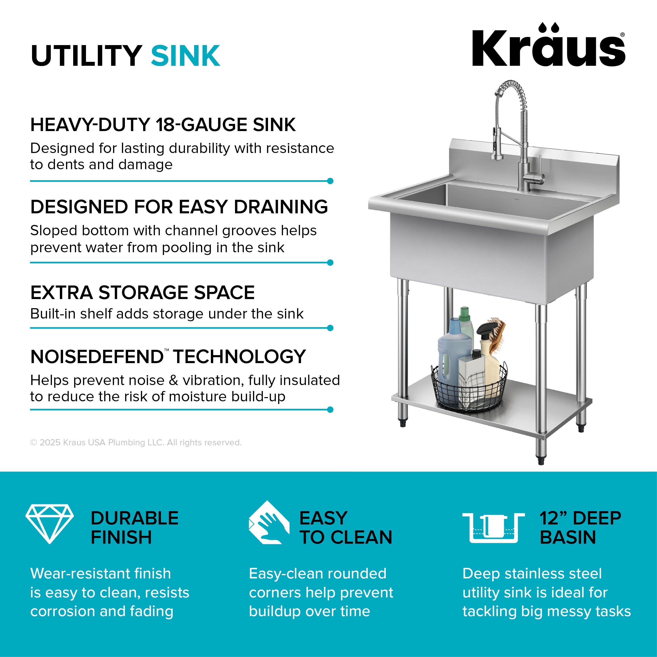 KRAUS Standart Pro 32” 18-Gauge Stainless Steel Single Bowl Commercial Style Laundry Utility Sink-DirectSinks