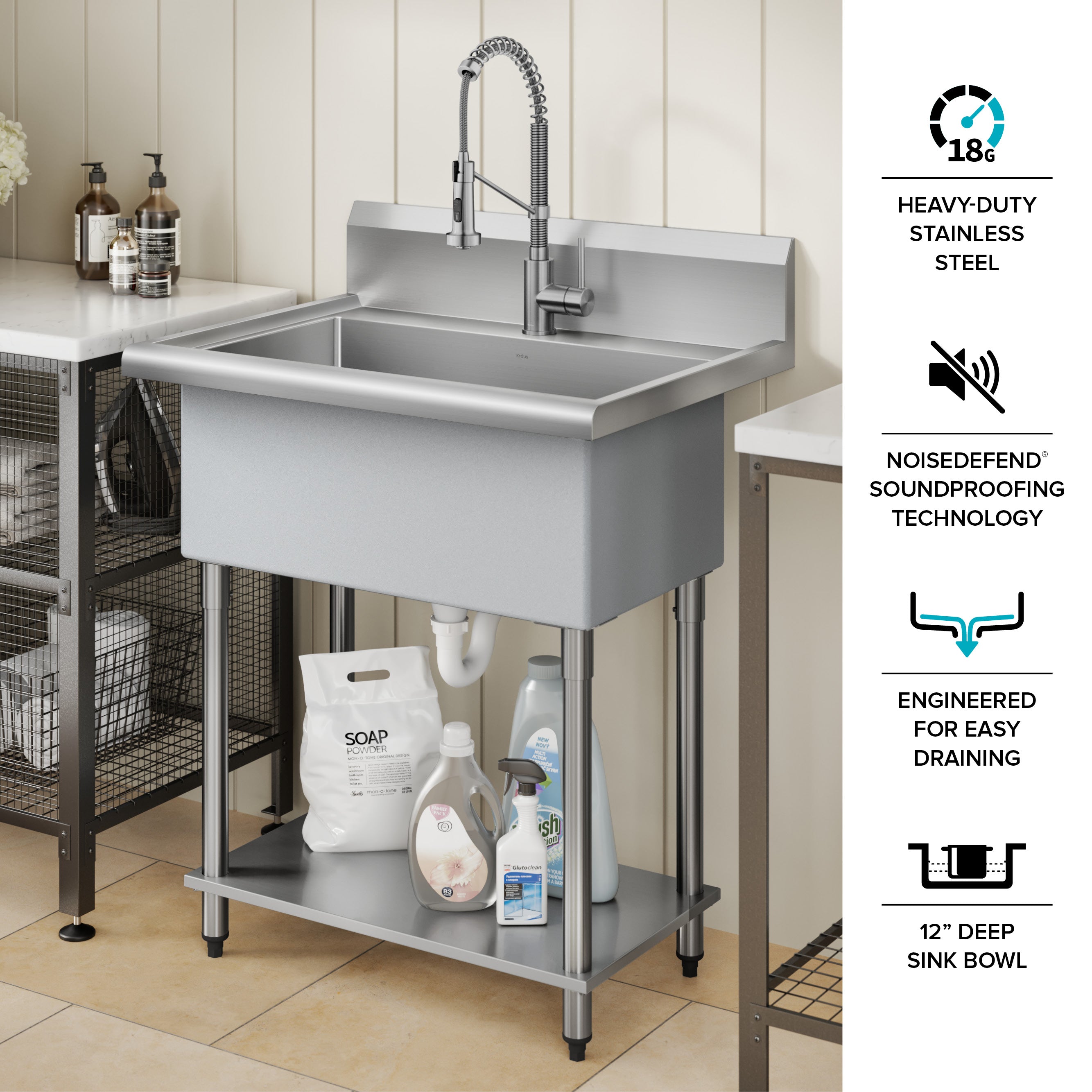 KRAUS Standart Pro 32” 18-Gauge Stainless Steel Single Bowl Commercial Style Laundry Utility Sink-DirectSinks
