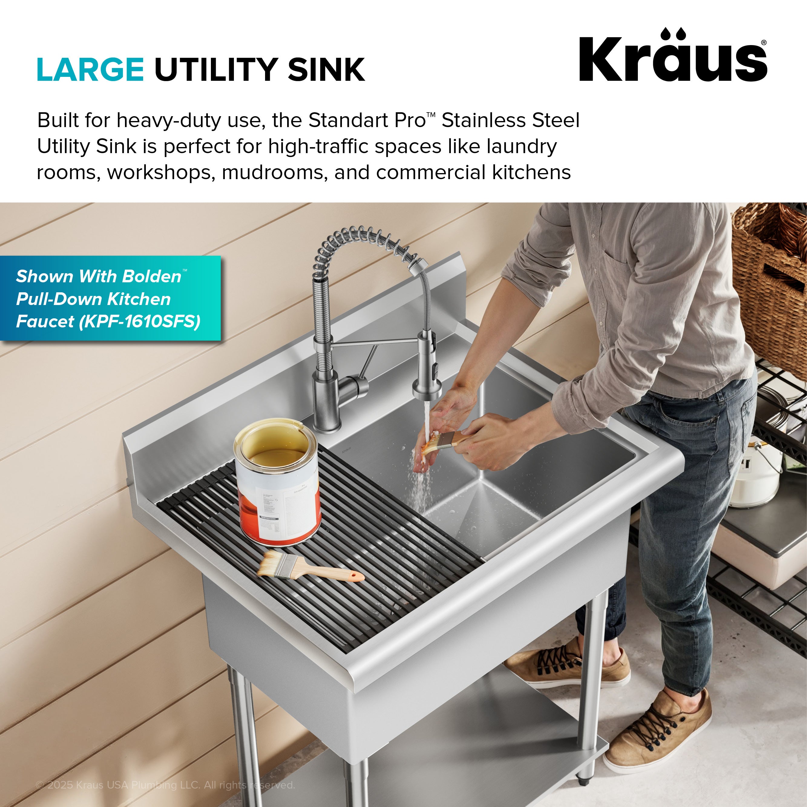 KRAUS Standart Pro 32” 18-Gauge Stainless Steel Single Bowl Commercial Style Laundry Utility Sink-DirectSinks