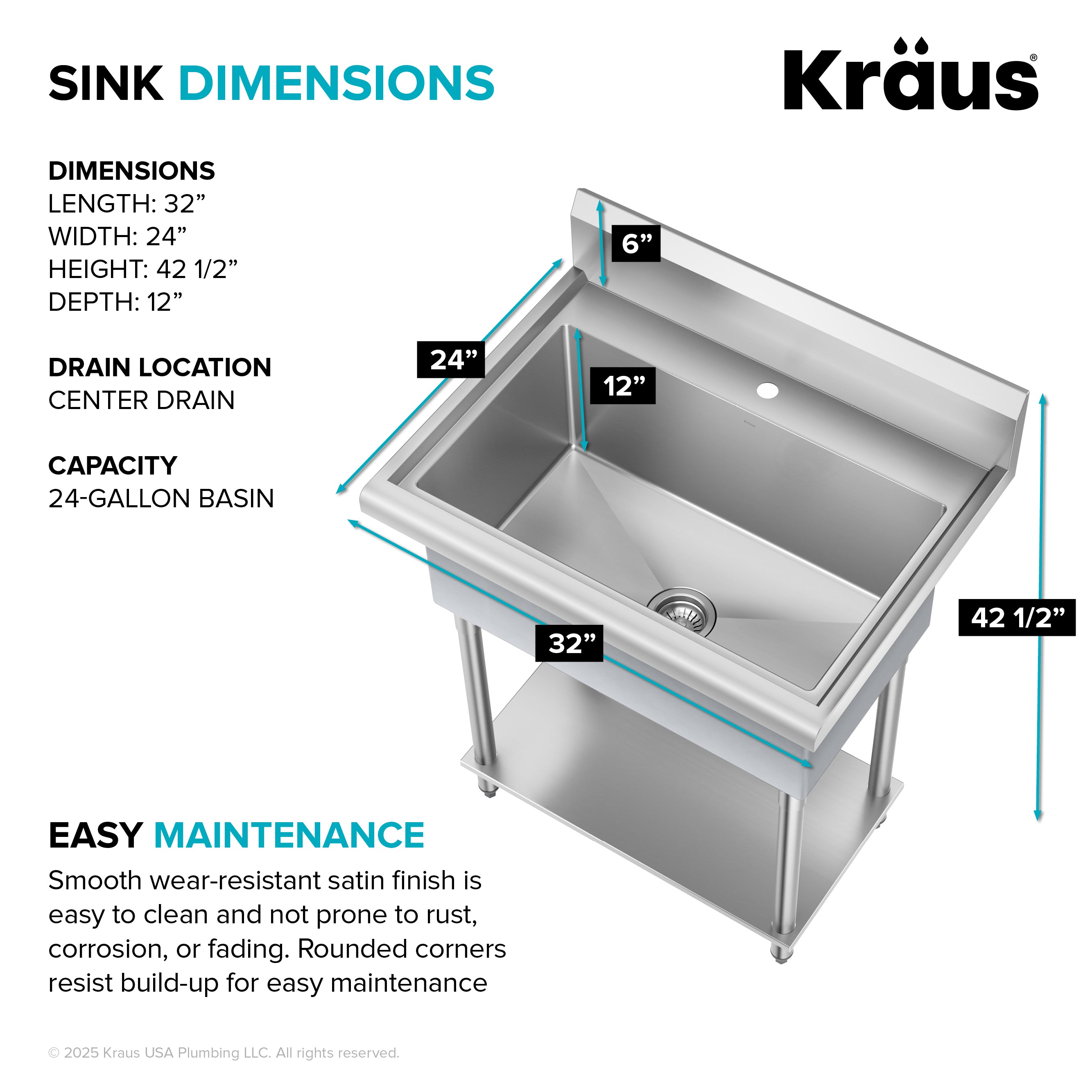 KRAUS Standart Pro 32” 18-Gauge Stainless Steel Single Bowl Commercial Style Laundry Utility Sink-DirectSinks