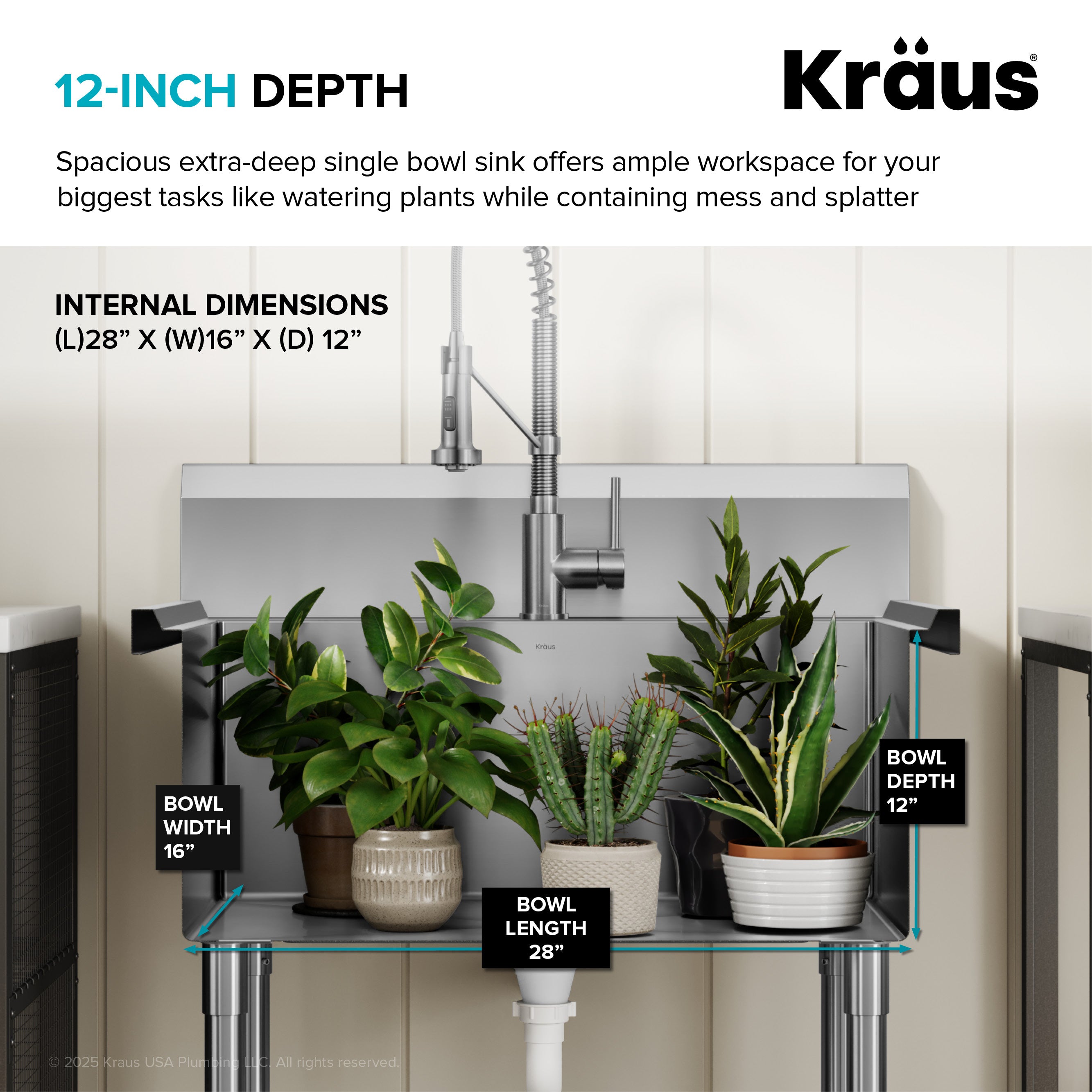 Kraus sink with plants on a shelf, showing dimensions and features.