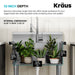 Kraus sink with plants on a shelf, showing dimensions and features.