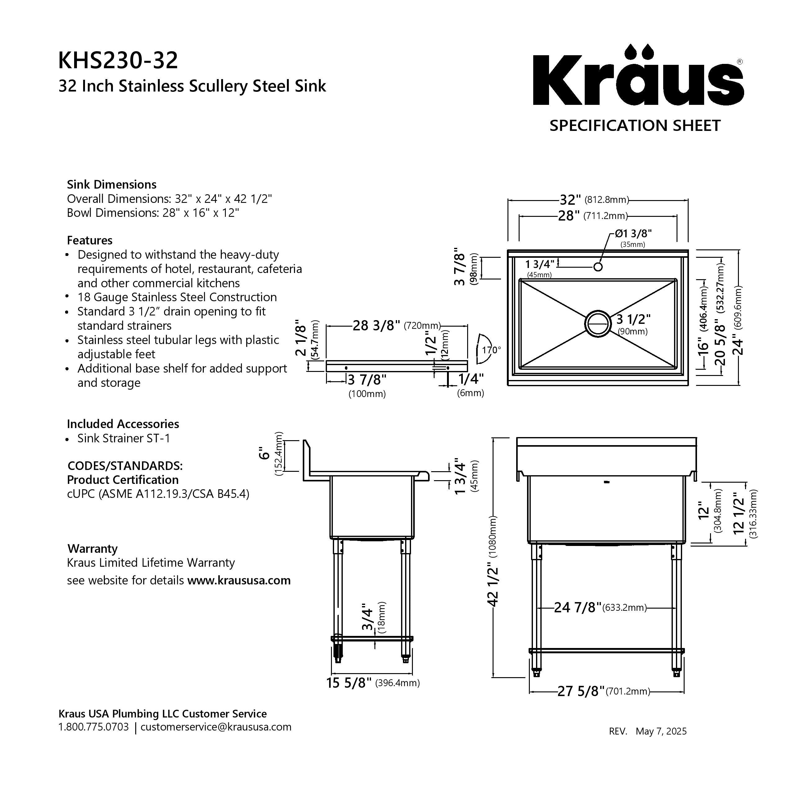 Kraus stainless steel sink specification sheet with dimensions and features.
