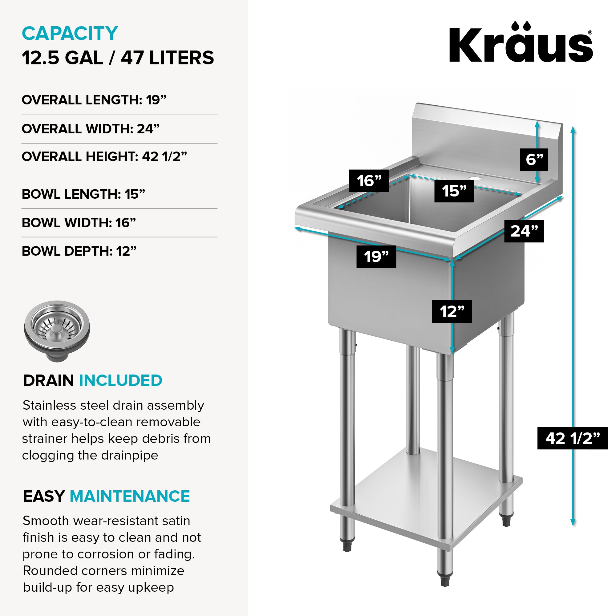 KRAUS Standart Pro 19” Wide Stainless Steel Laundry Utility Sink