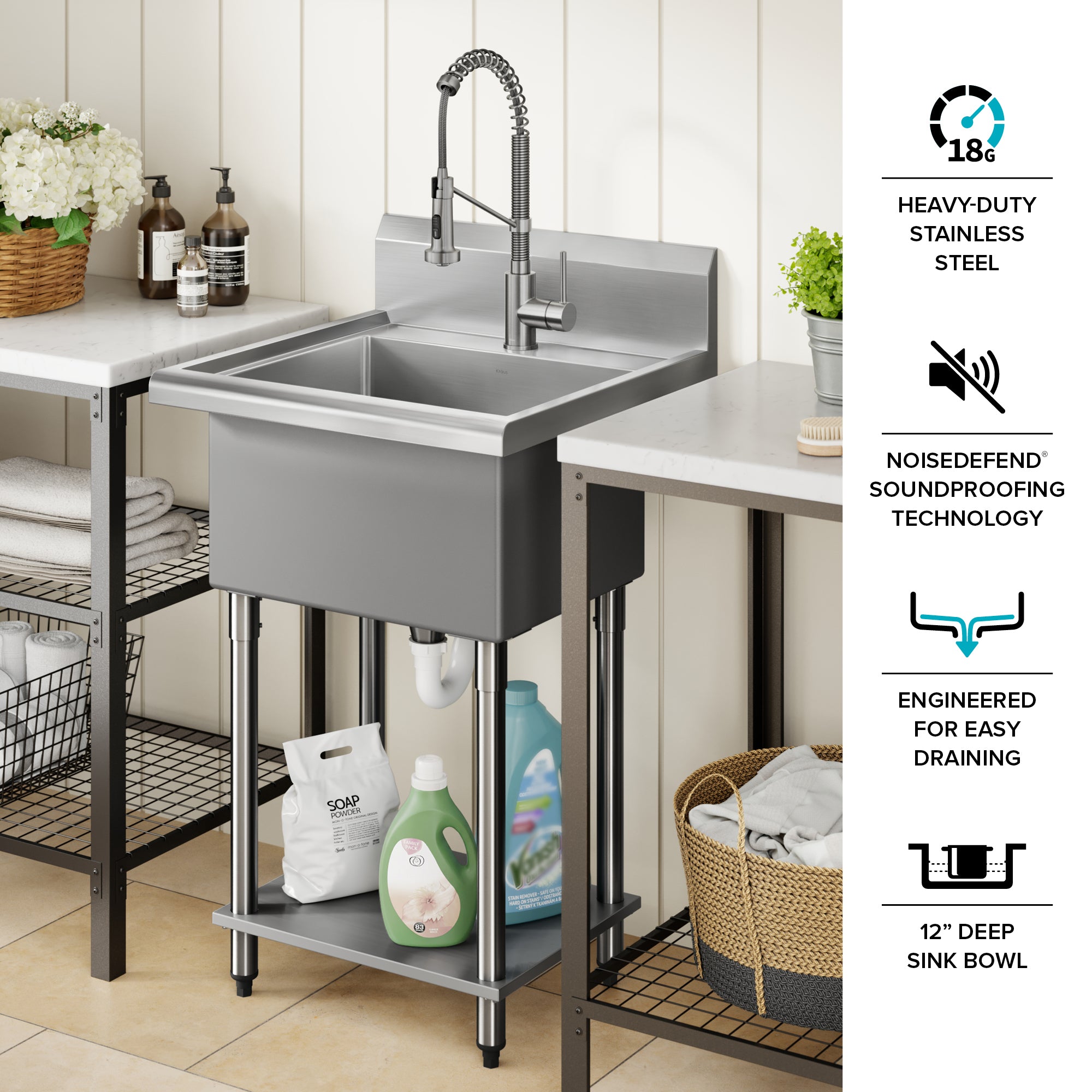 KRAUS Standart Pro 24” Wide Stainless Steel Laundry Utility Sink