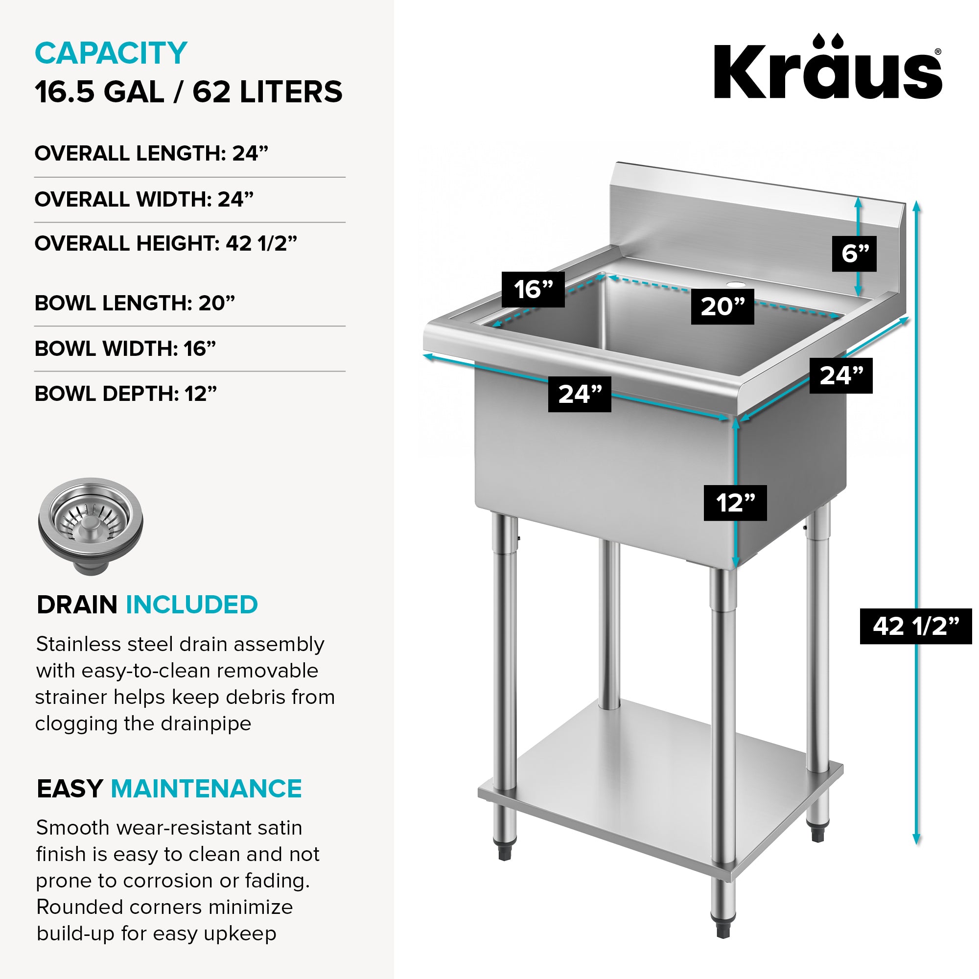KRAUS Standart Pro 24” Wide Stainless Steel Laundry Utility Sink