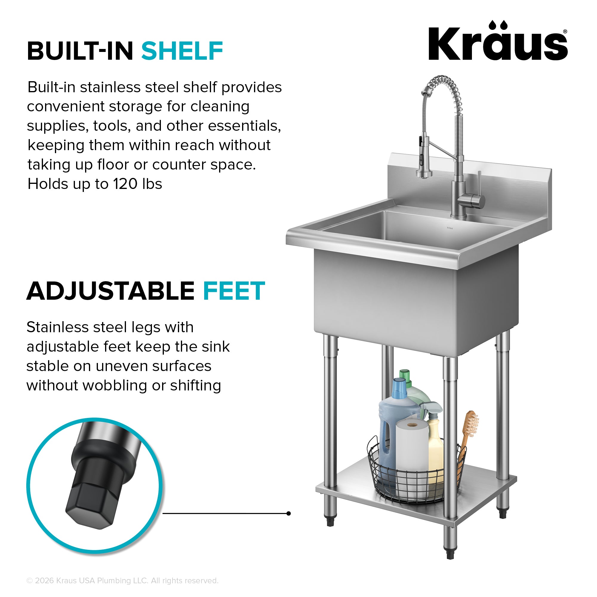 KRAUS Standart Pro 24” Wide Stainless Steel Laundry Utility Sink
