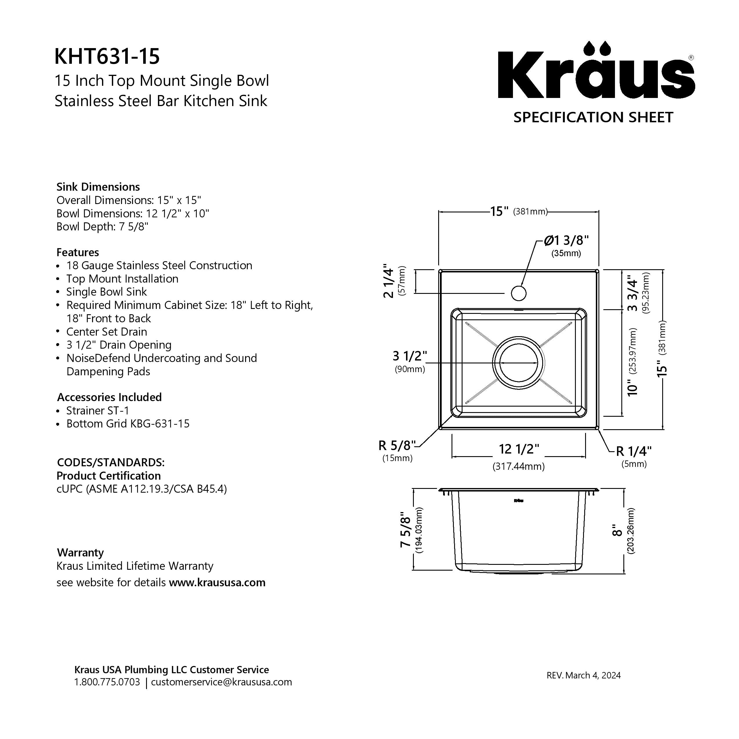 KRAUS 15” Topmount Single Bowl Stainless Steel Kitchen Bar Sink