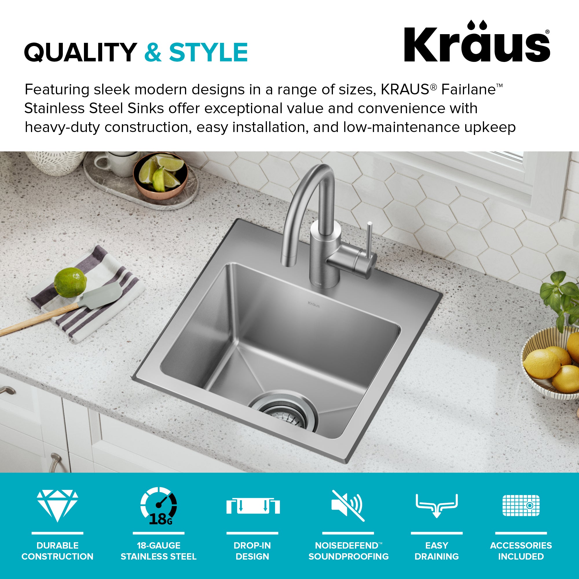 KRAUS 15” Topmount Single Bowl Stainless Steel Kitchen Bar Sink