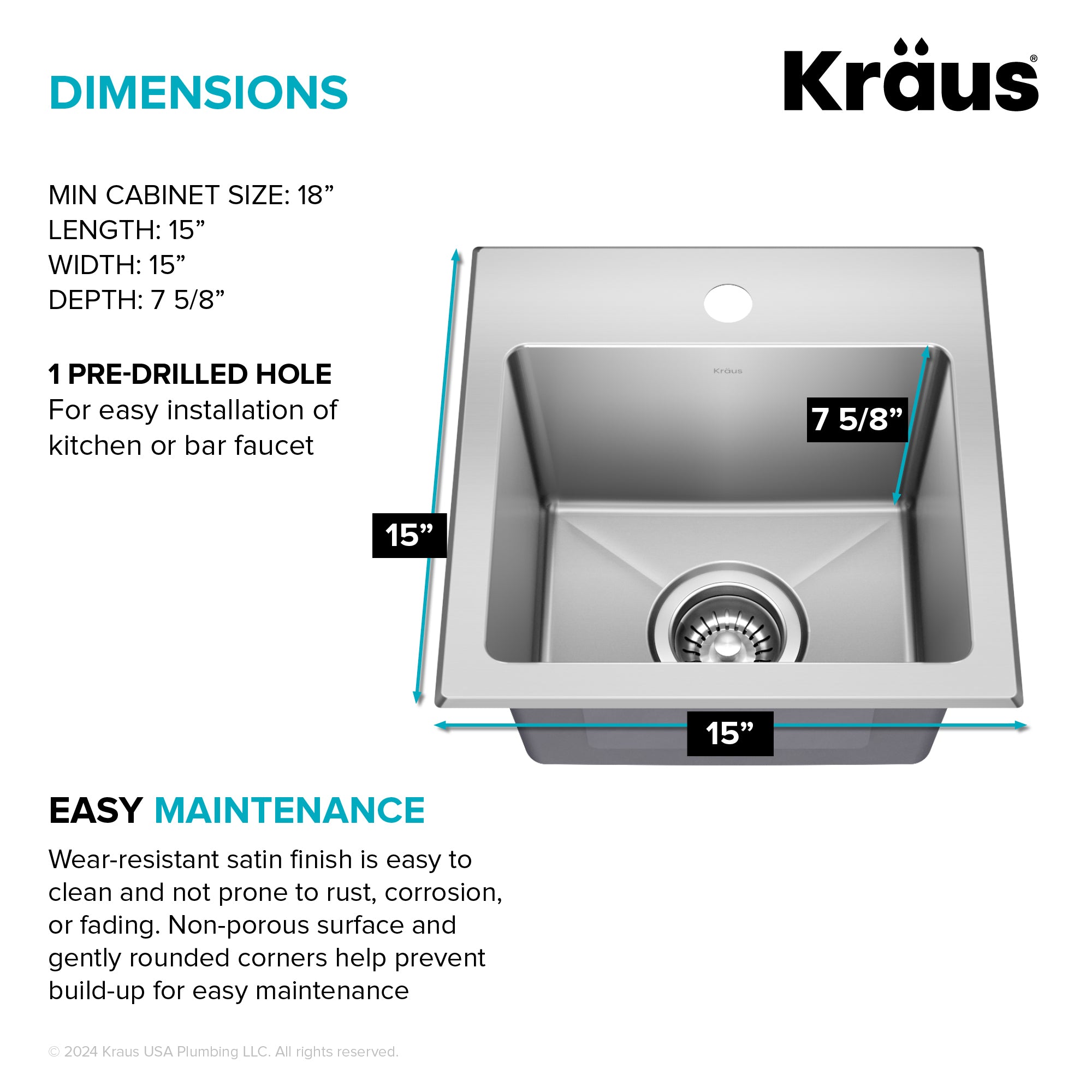 KRAUS 15” Topmount Single Bowl Stainless Steel Kitchen Bar Sink