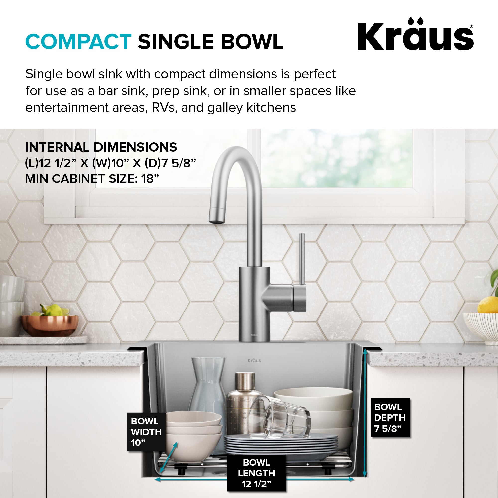 KRAUS 15” Topmount Single Bowl Stainless Steel Kitchen Bar Sink