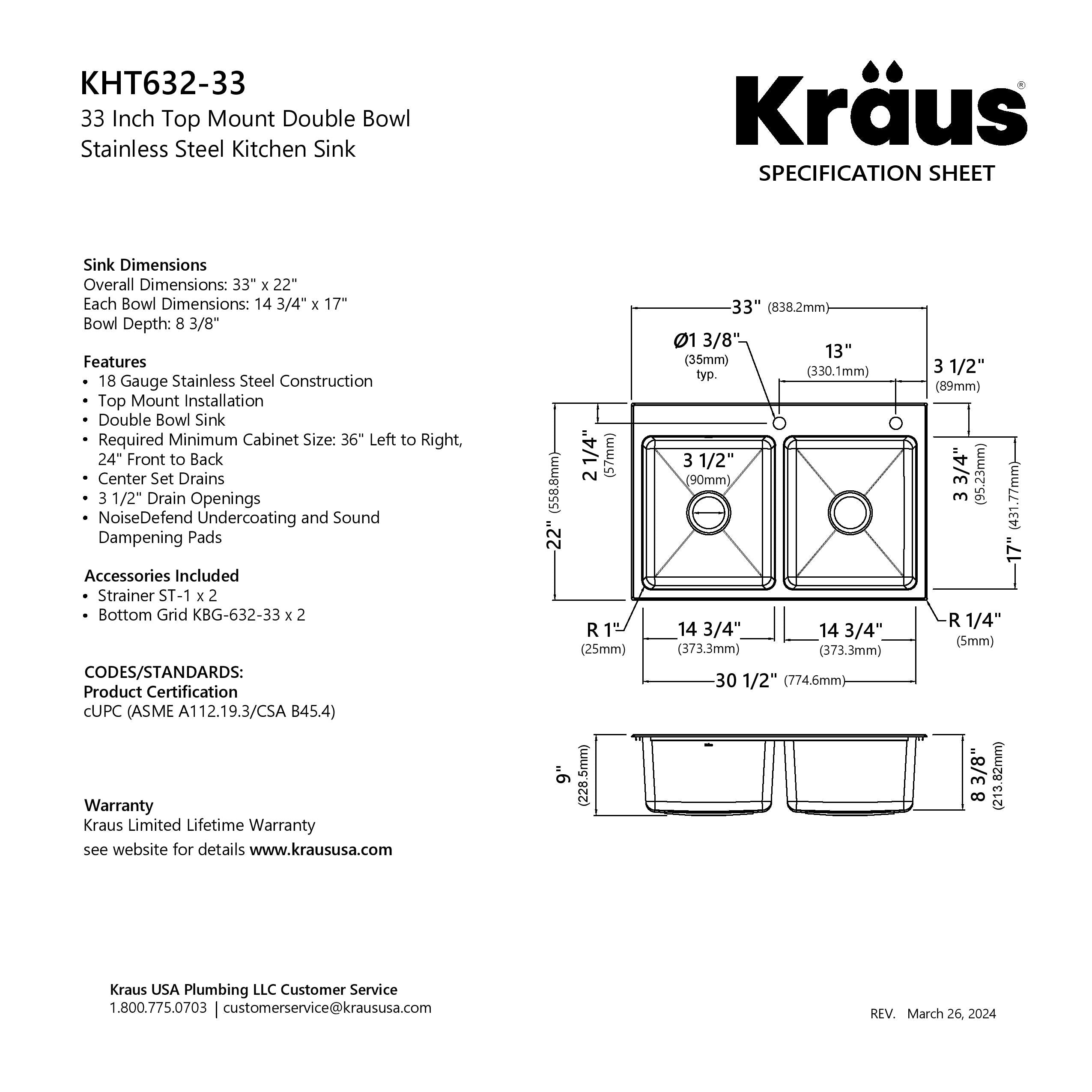 KRAUS 33” Topmount Double Bowl Stainless Steel Kitchen Sink