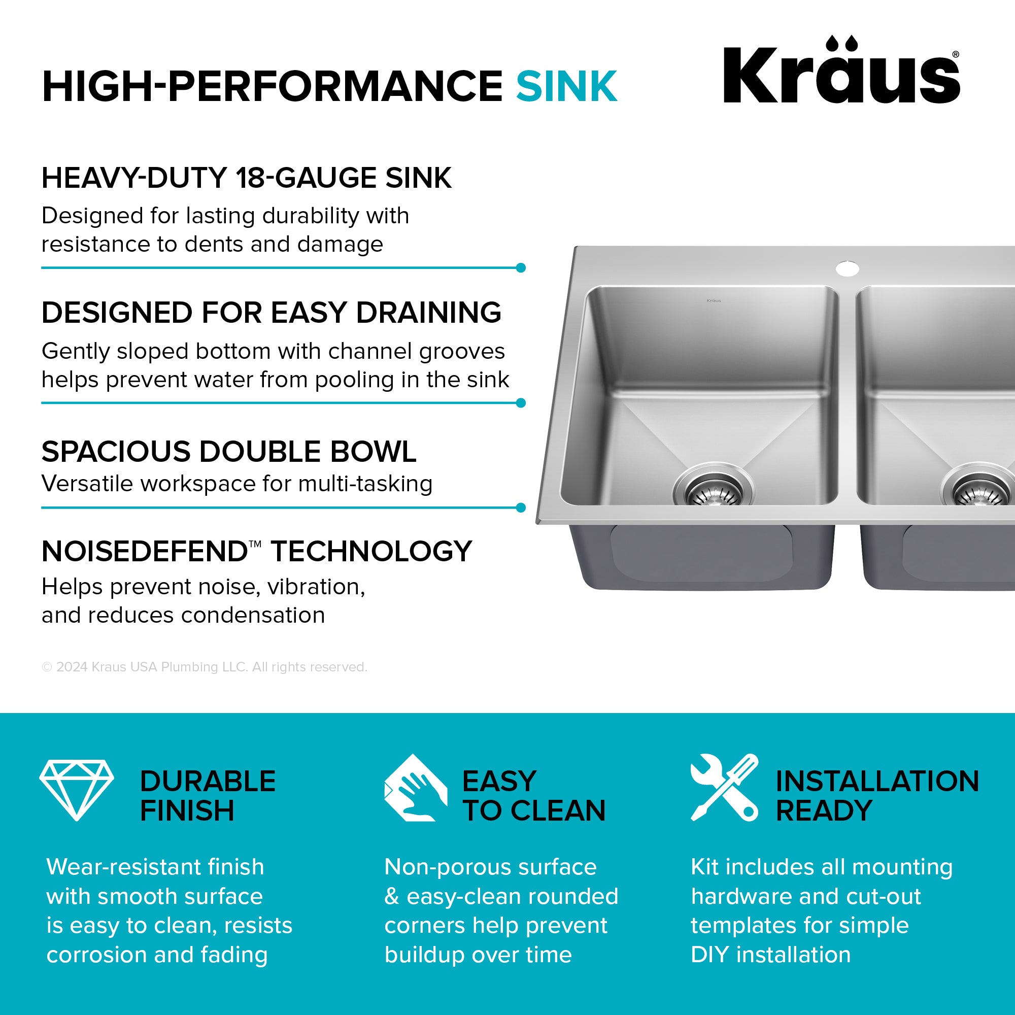 KRAUS 33” Topmount Double Bowl Stainless Steel Kitchen Sink