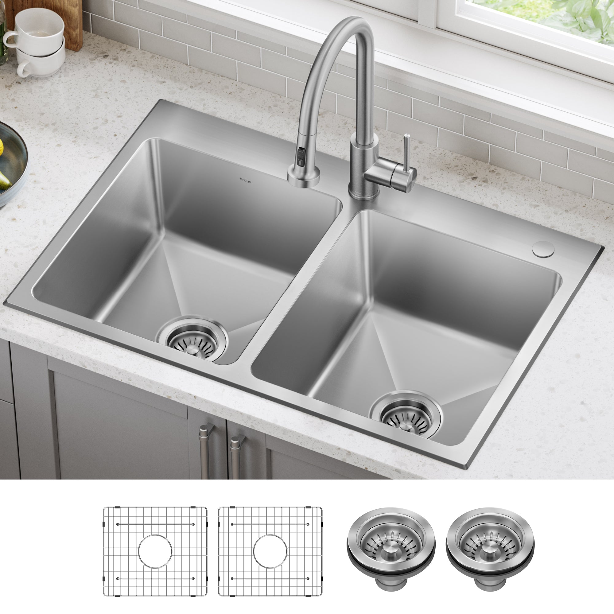 KRAUS 33” Topmount Double Bowl Stainless Steel Kitchen Sink