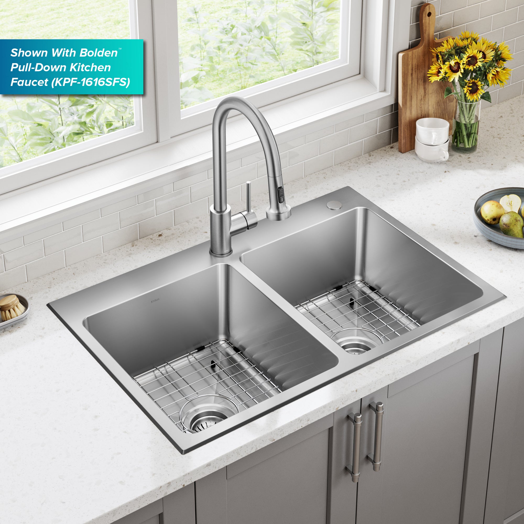 KRAUS 33” Topmount Double Bowl Stainless Steel Kitchen Sink