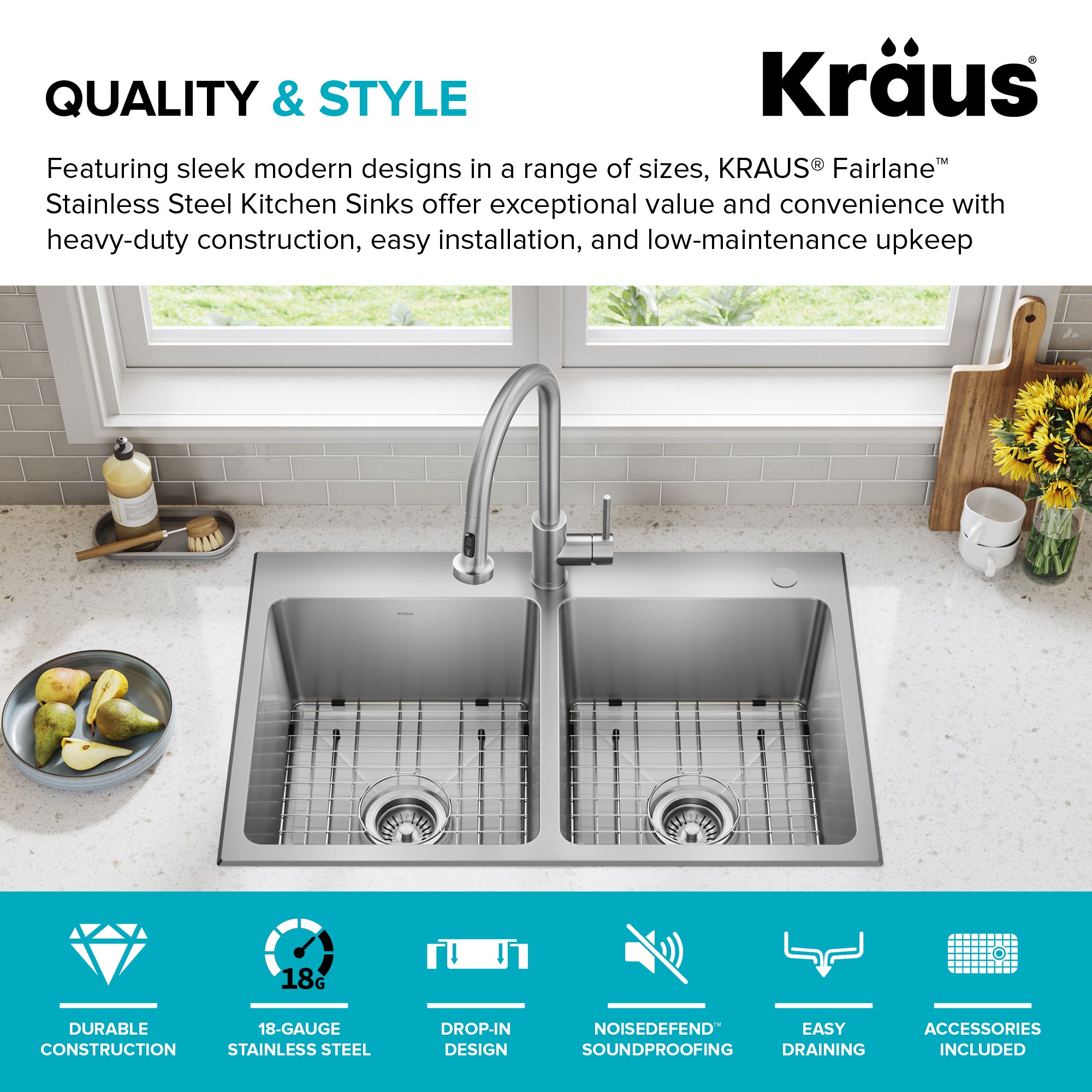 KRAUS 33” Topmount Double Bowl Stainless Steel Kitchen Sink