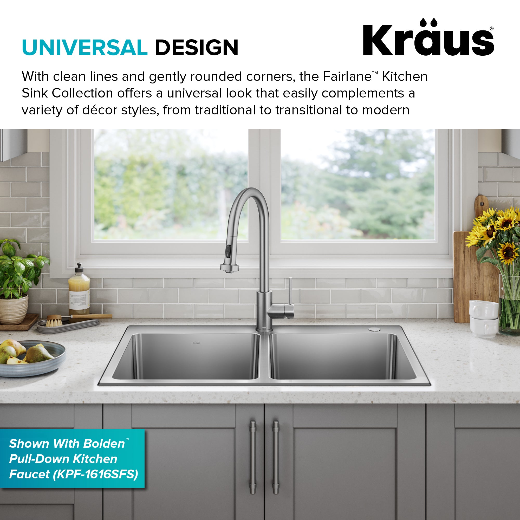 KRAUS 33” Topmount Double Bowl Stainless Steel Kitchen Sink