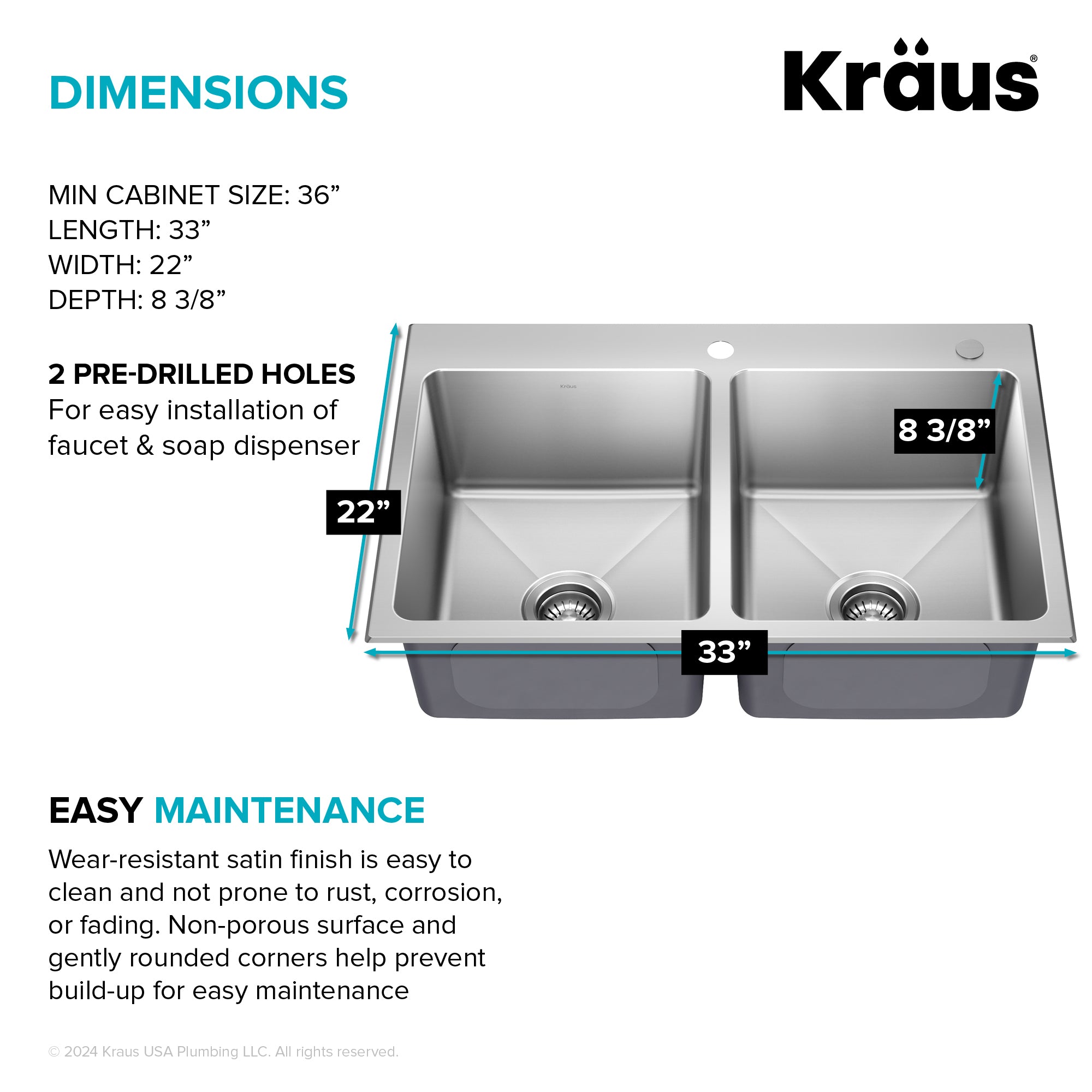 KRAUS 33” Topmount Double Bowl Stainless Steel Kitchen Sink