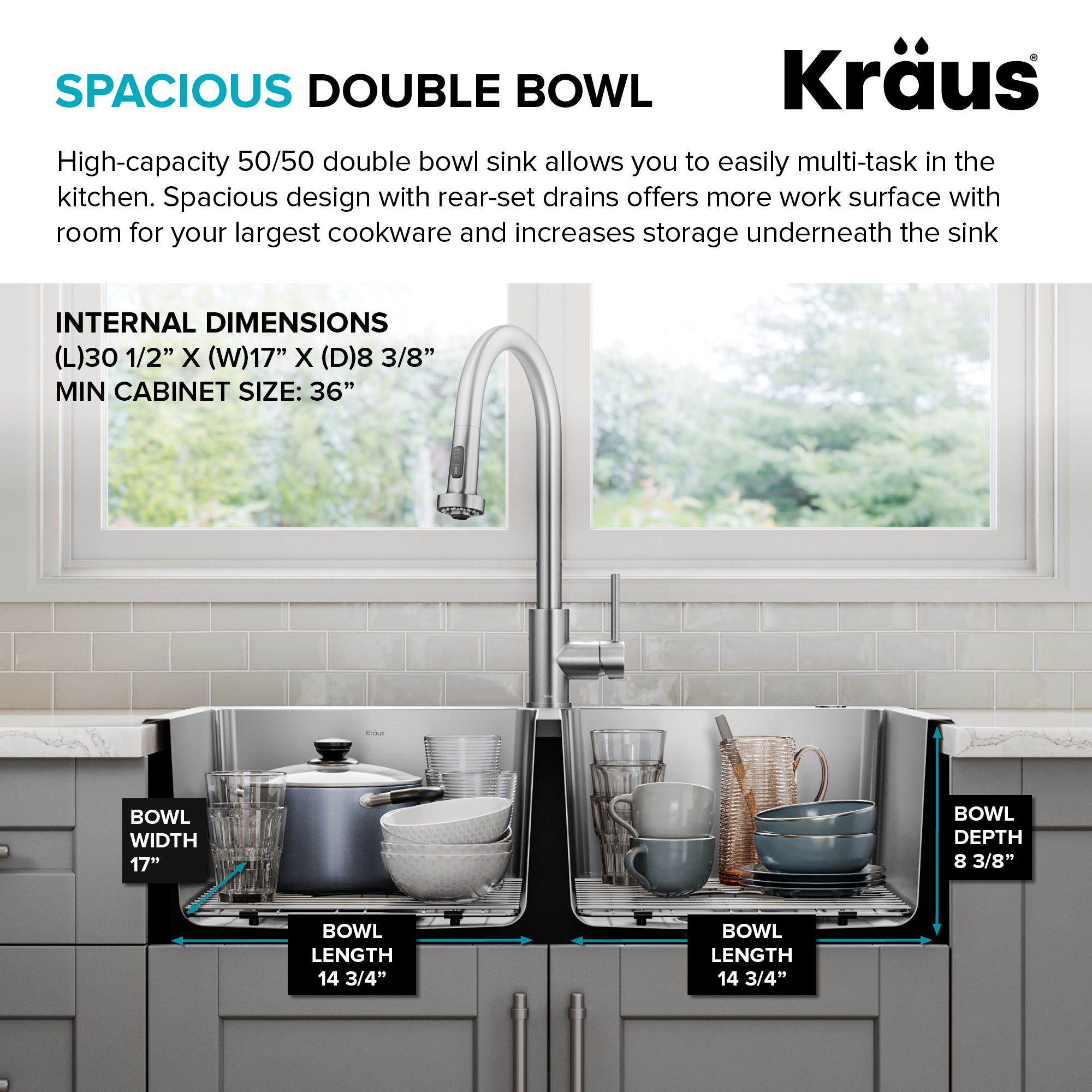 KRAUS 33” Topmount Double Bowl Stainless Steel Kitchen Sink