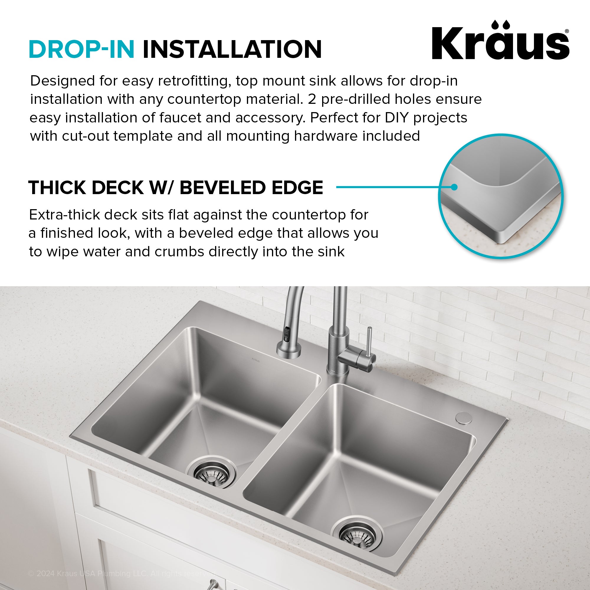 KRAUS 33” Topmount Double Bowl Stainless Steel Kitchen Sink