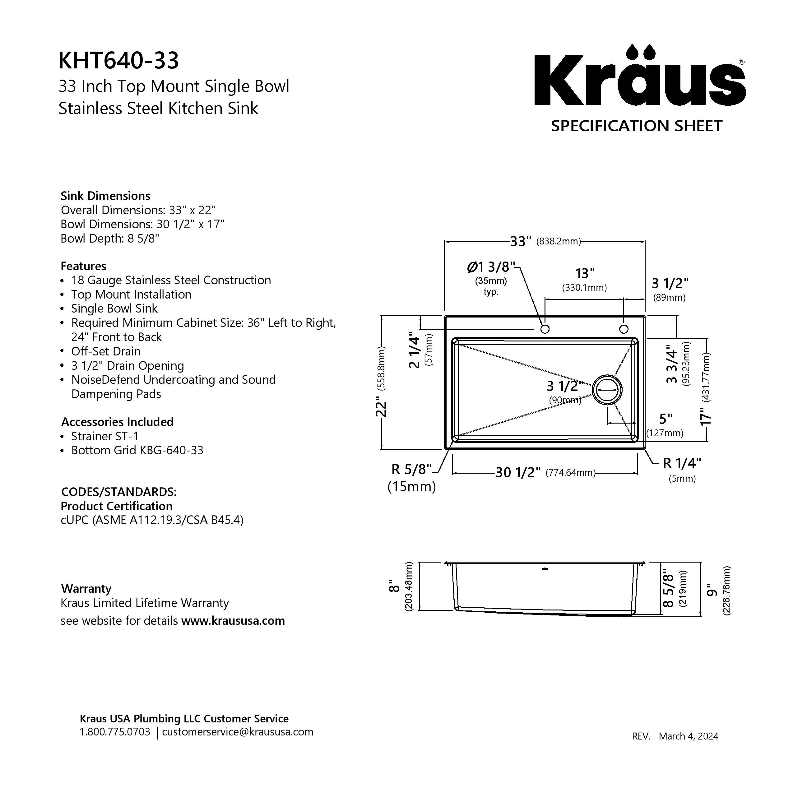 KRAUS 33” Topmount Single Bowl Stainless Steel Kitchen Sink