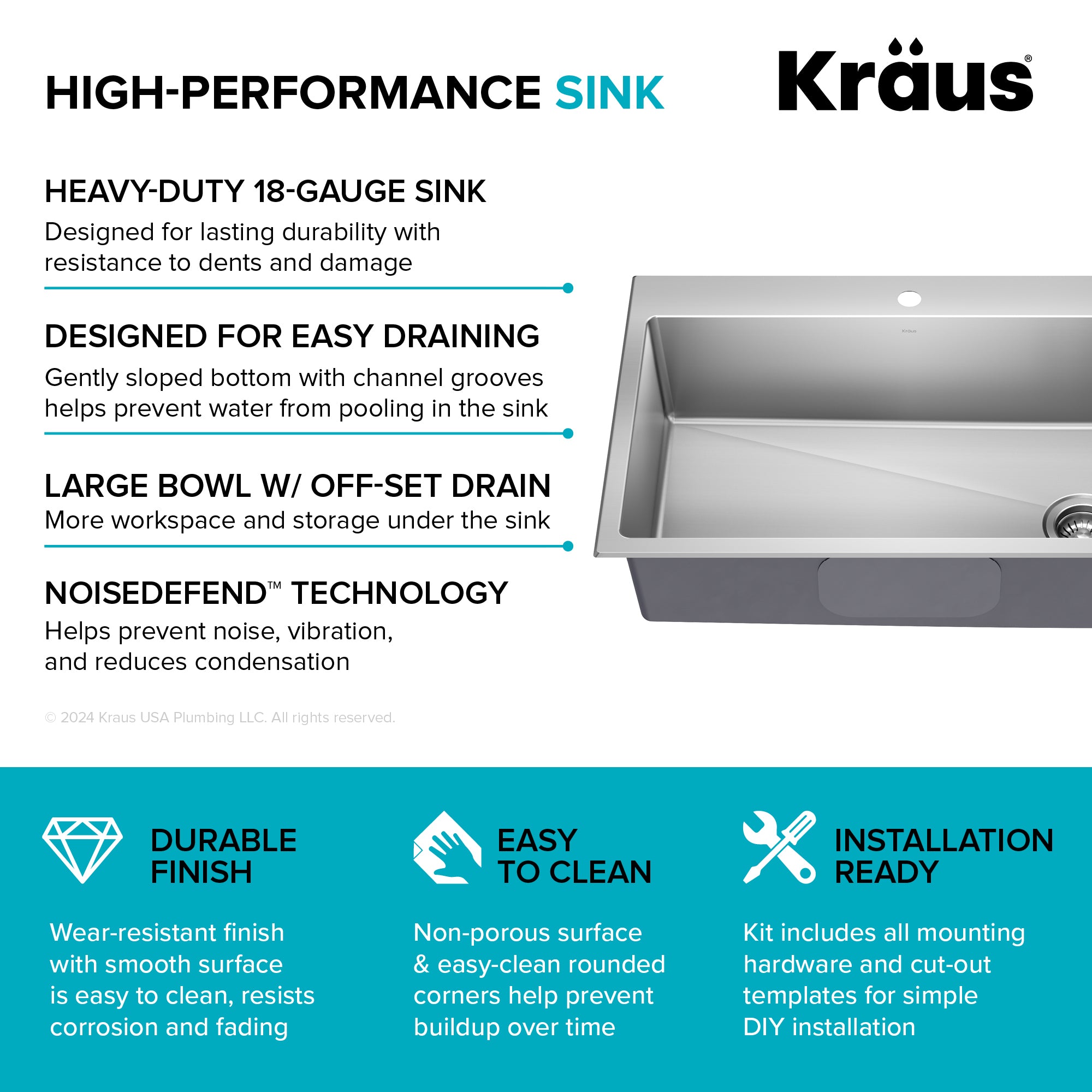 KRAUS 33” Topmount Single Bowl Stainless Steel Kitchen Sink