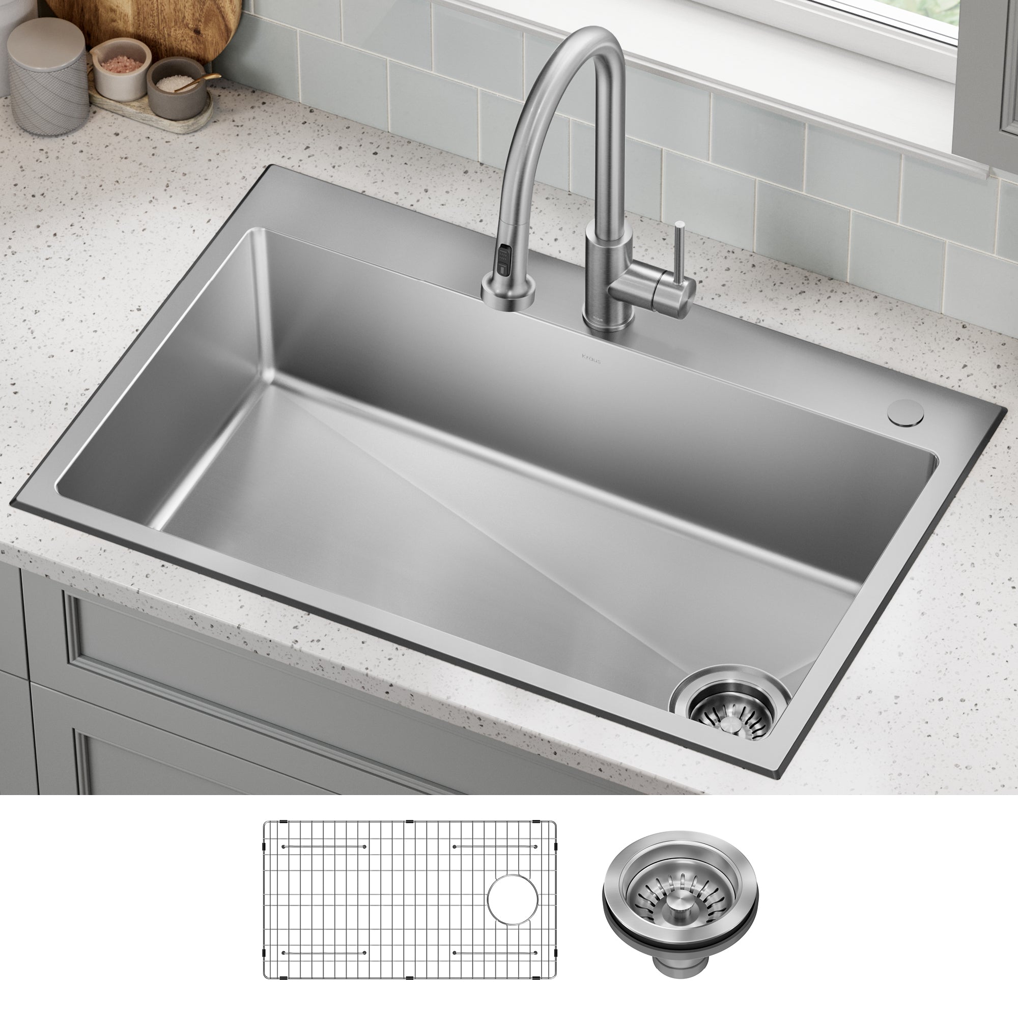 KRAUS 33” Topmount Single Bowl Stainless Steel Kitchen Sink