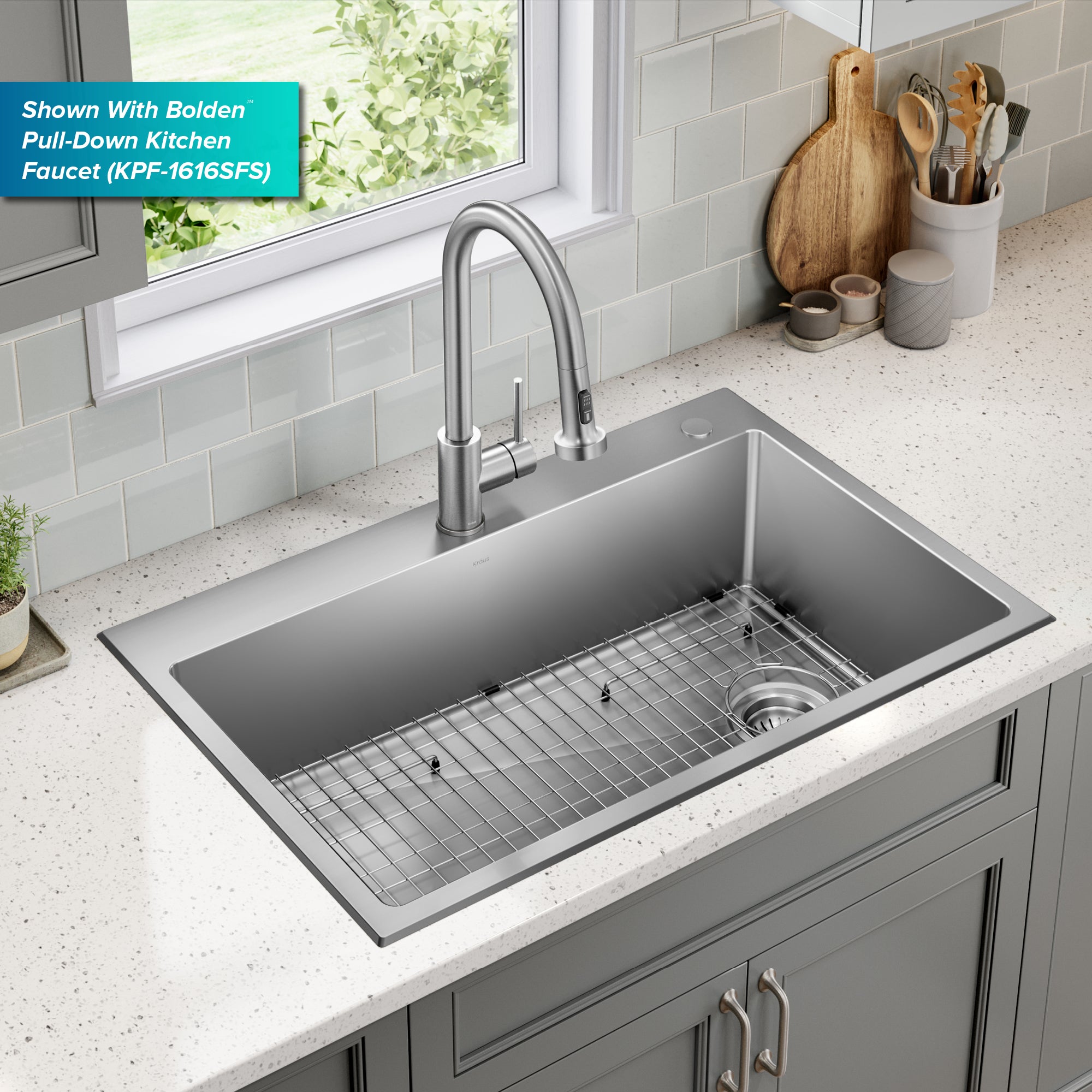 KRAUS 33” Topmount Single Bowl Stainless Steel Kitchen Sink