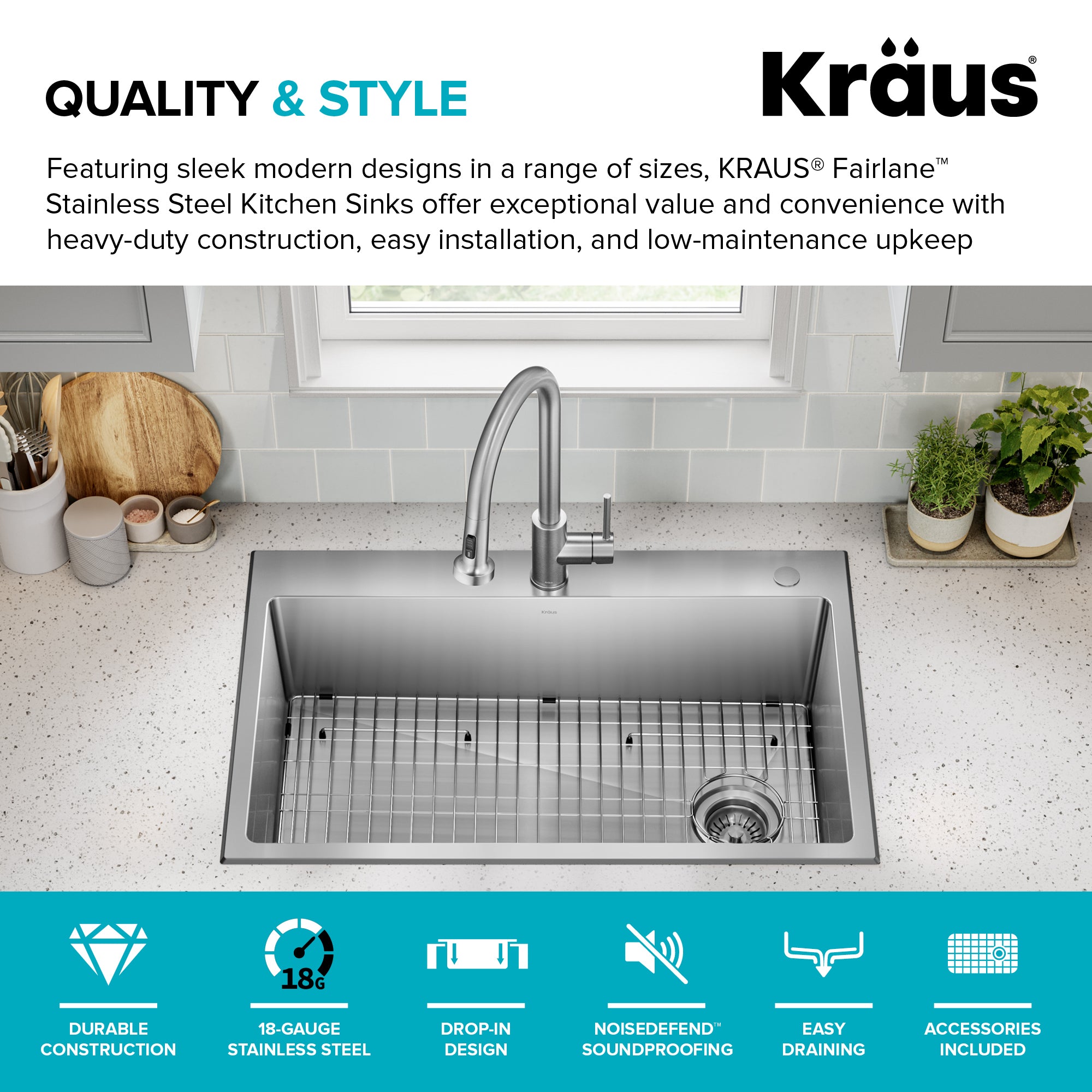 KRAUS 33” Topmount Single Bowl Stainless Steel Kitchen Sink