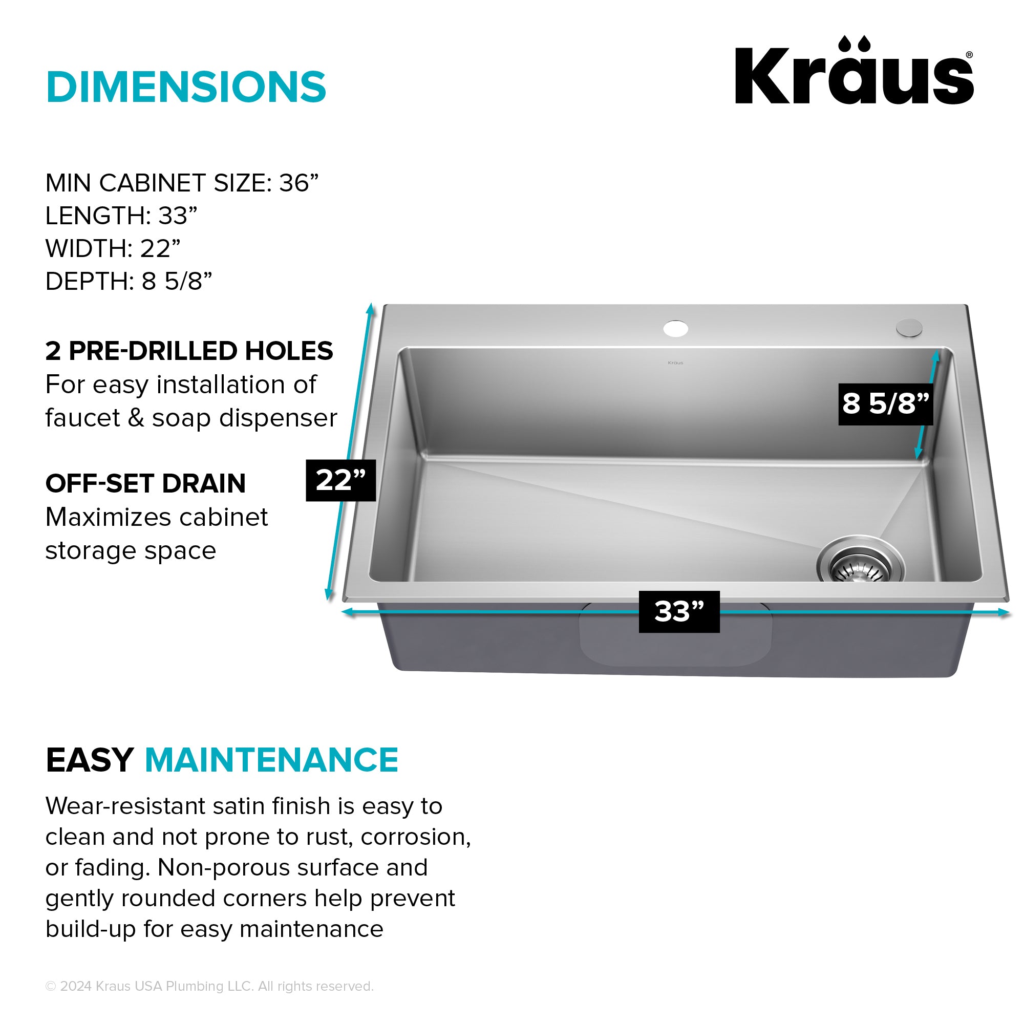 KRAUS 33” Topmount Single Bowl Stainless Steel Kitchen Sink